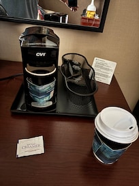 Only two packets of coffee for three days and no complimentary coffee provided in lobby or dining room.