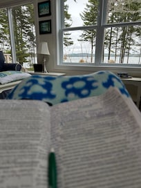 The gorgeous view of Jellison Cove from my comfy chair as I read.