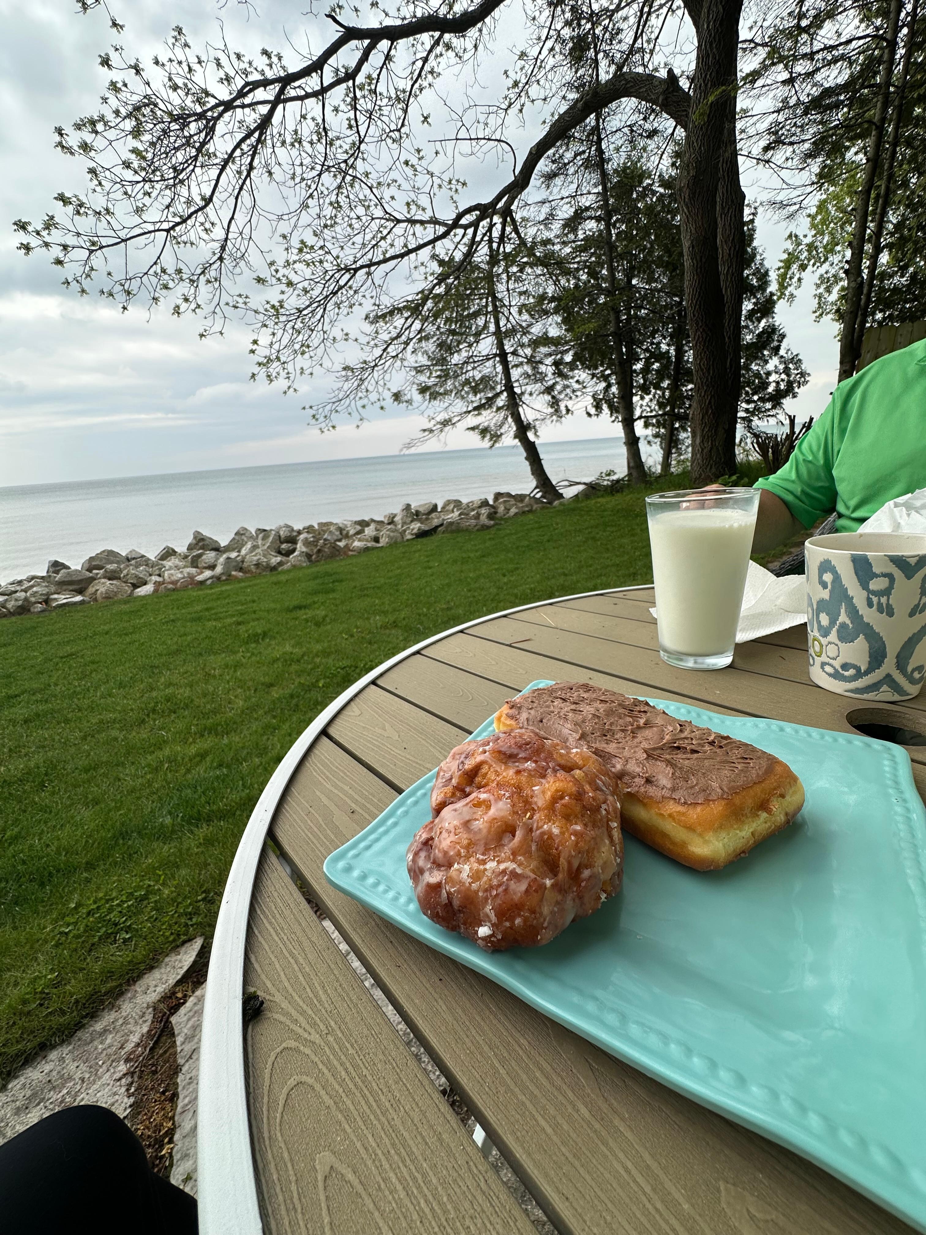 Breakfast on the back porch. Visit Oostburg bakery for the best apple fritters and a little step back in time. 