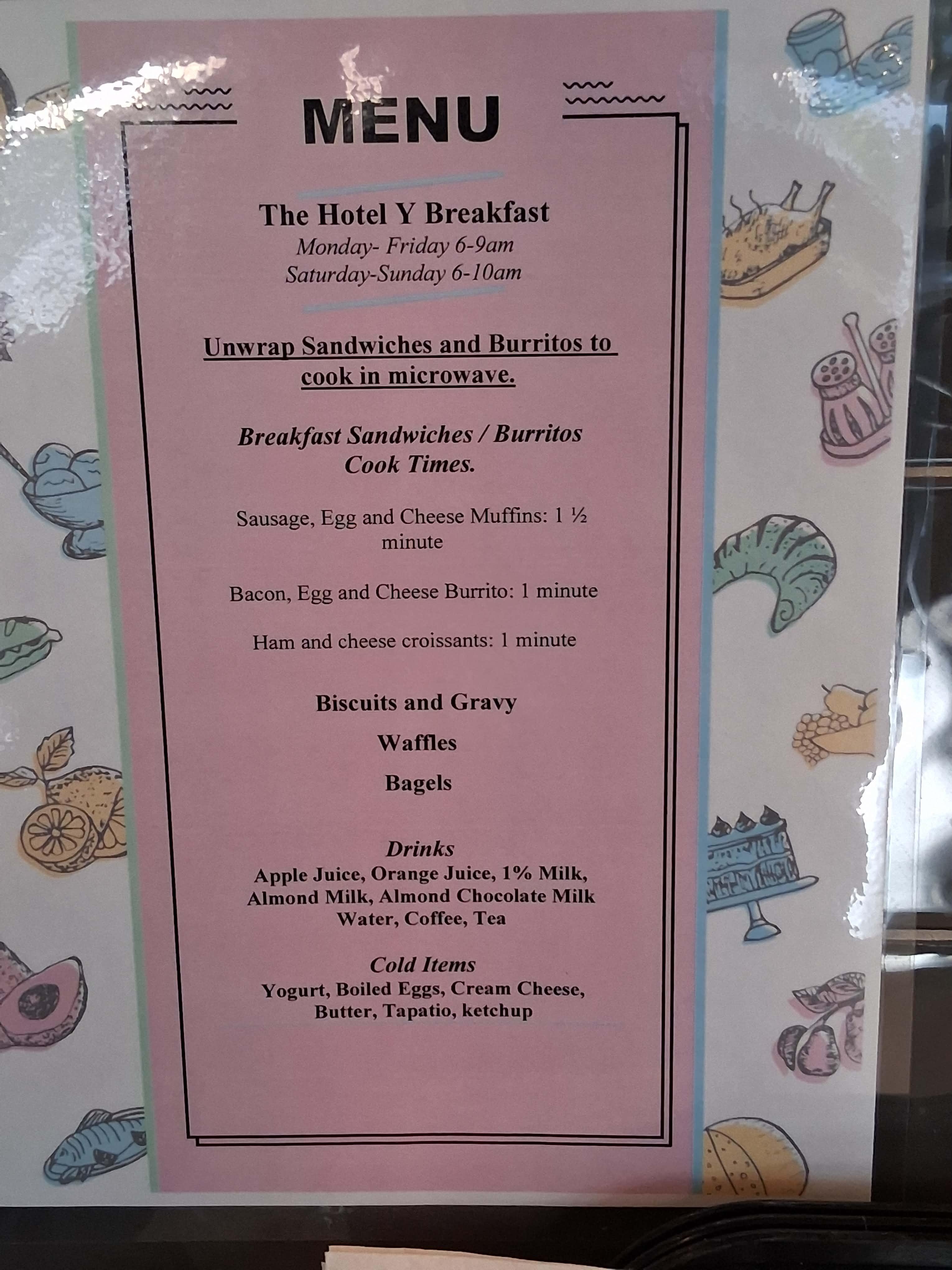 Menu posted in lobby where breakfast is hosted