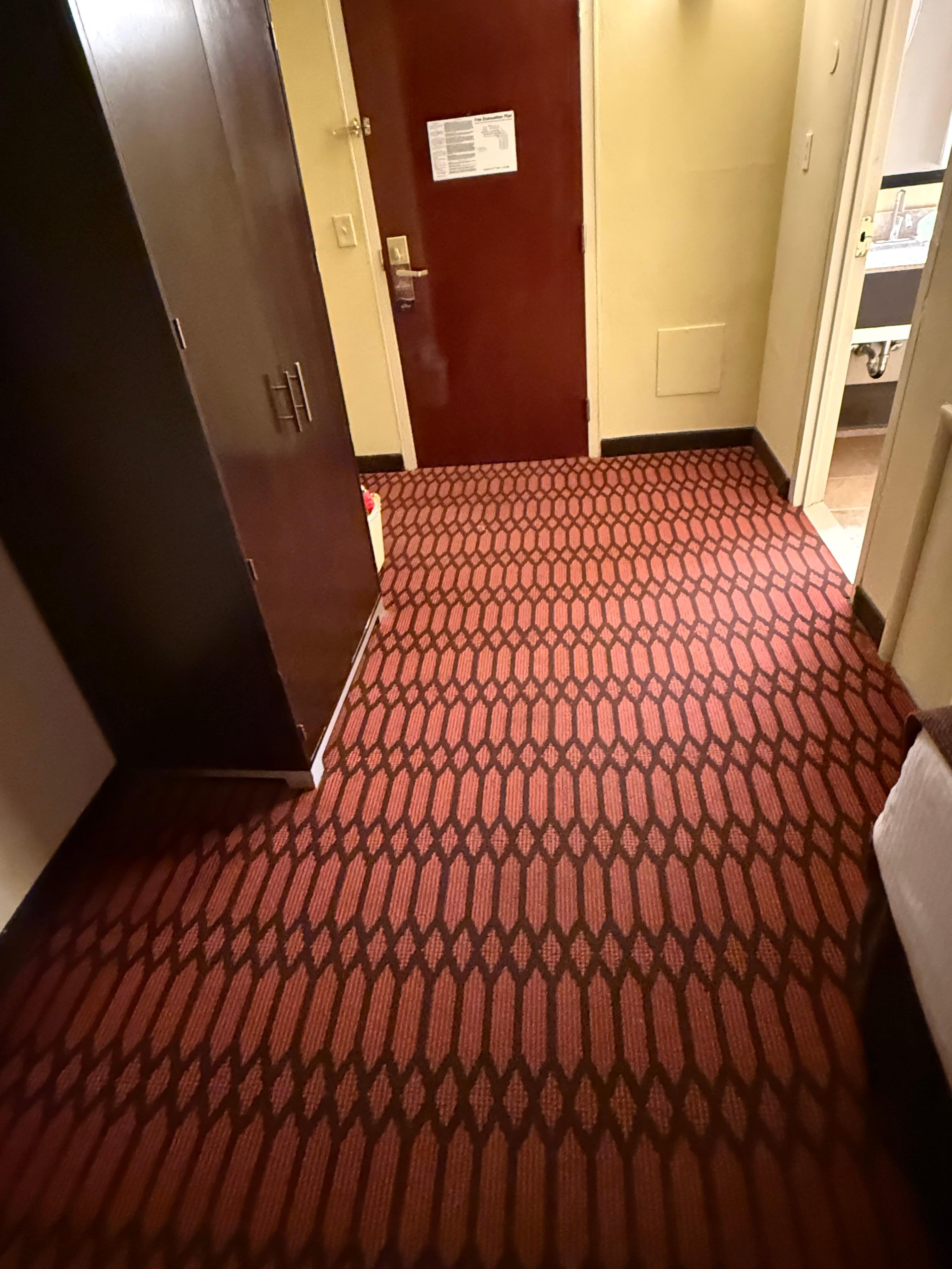 The carpet is dirty out socks were black from walking on it and the room smells 