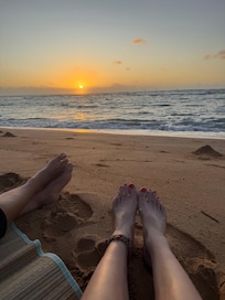 Watching the sunrise on the beach just steps away