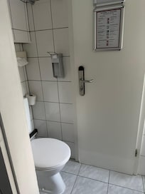 The room entrance door colliding with the toilet