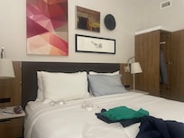 Bed, I brought my own pillowcase so that is why there’s one that’s a different colour.