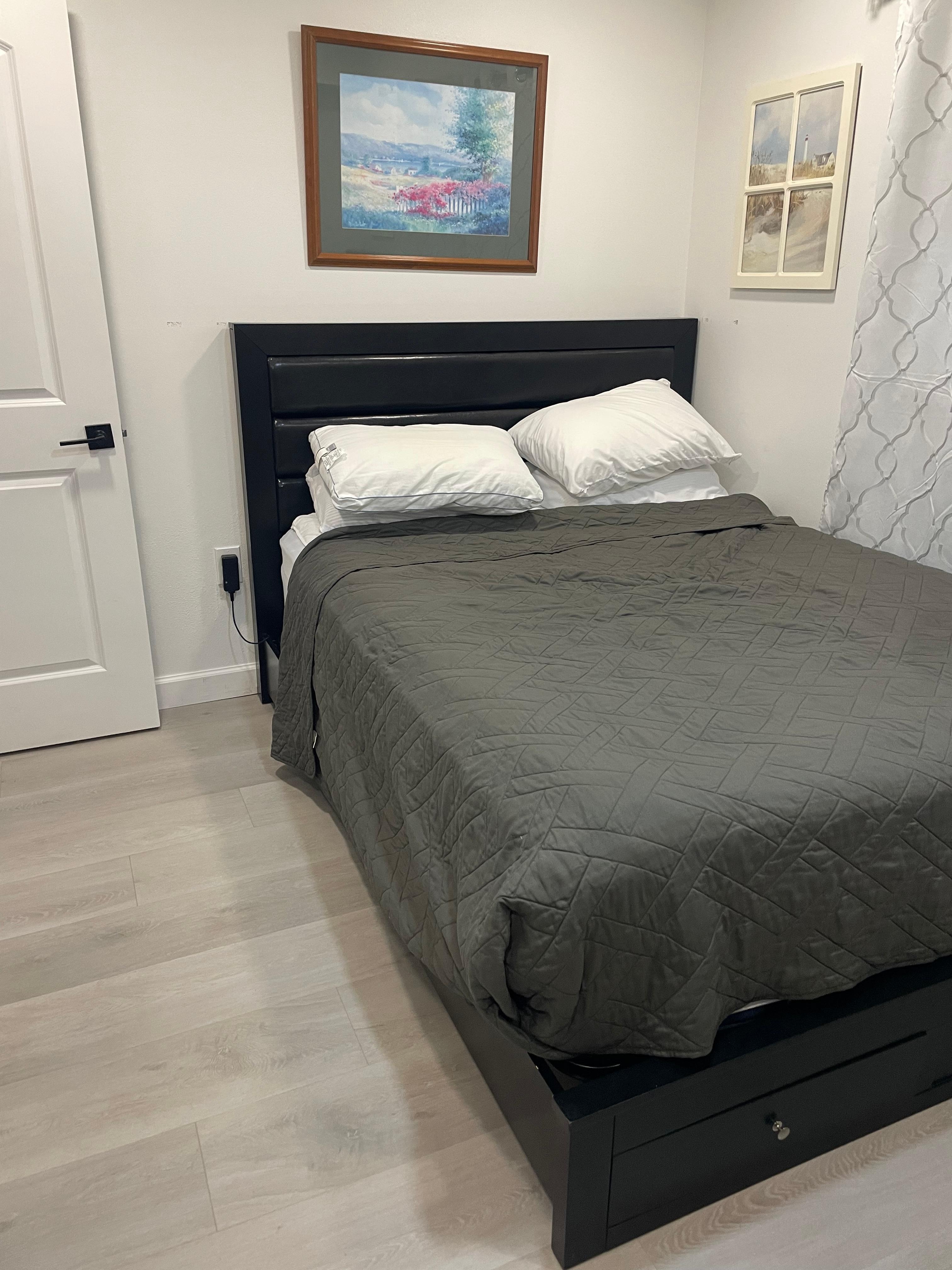 No bedside tables and lamps. Have to climb over each other to get in the bed. 