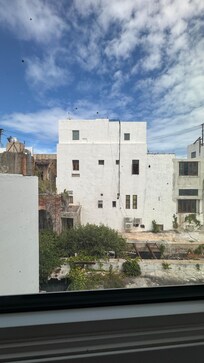 The right side of window looks out to concrete building