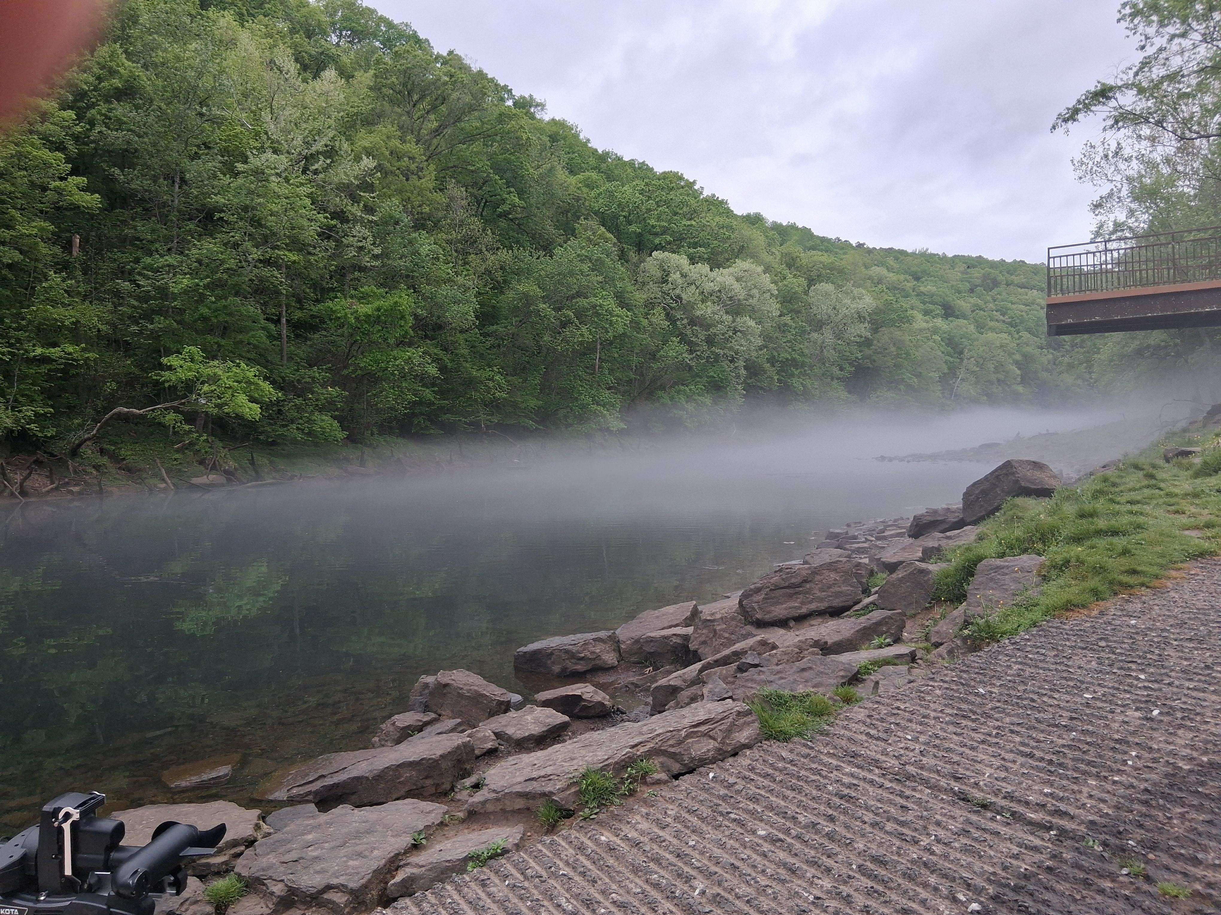 Little Red early Monday 4/13/26.  Fog on the water.