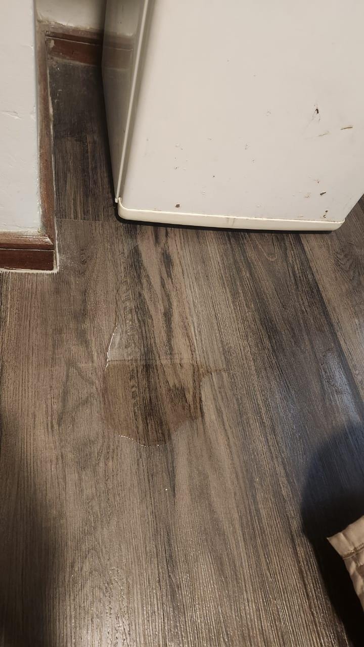 Como a geladeira estava desligada a água escorreu pelo quarto.