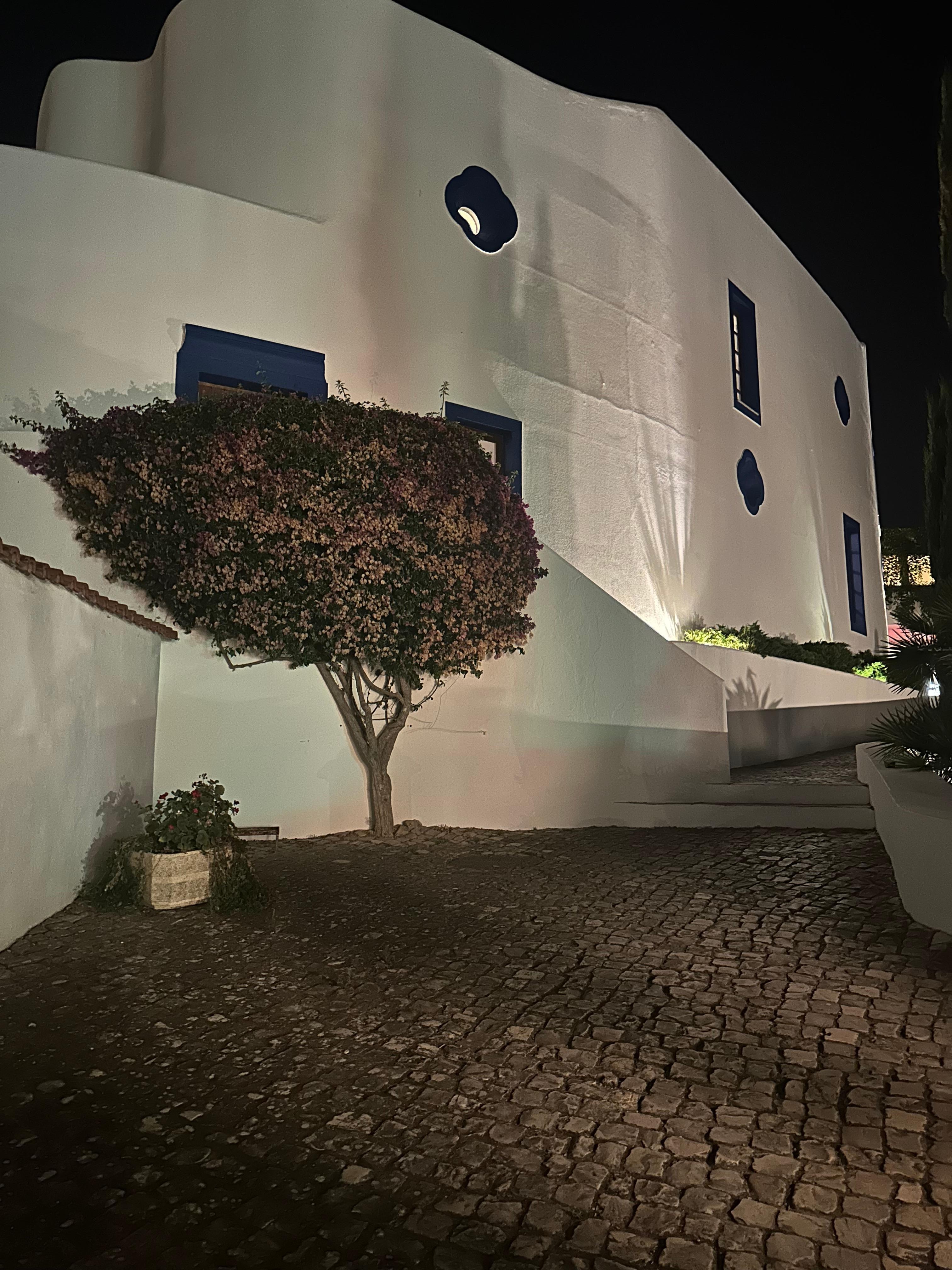 Hill leading to hotel at night