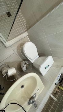 Said tiny bathroom with no shower door