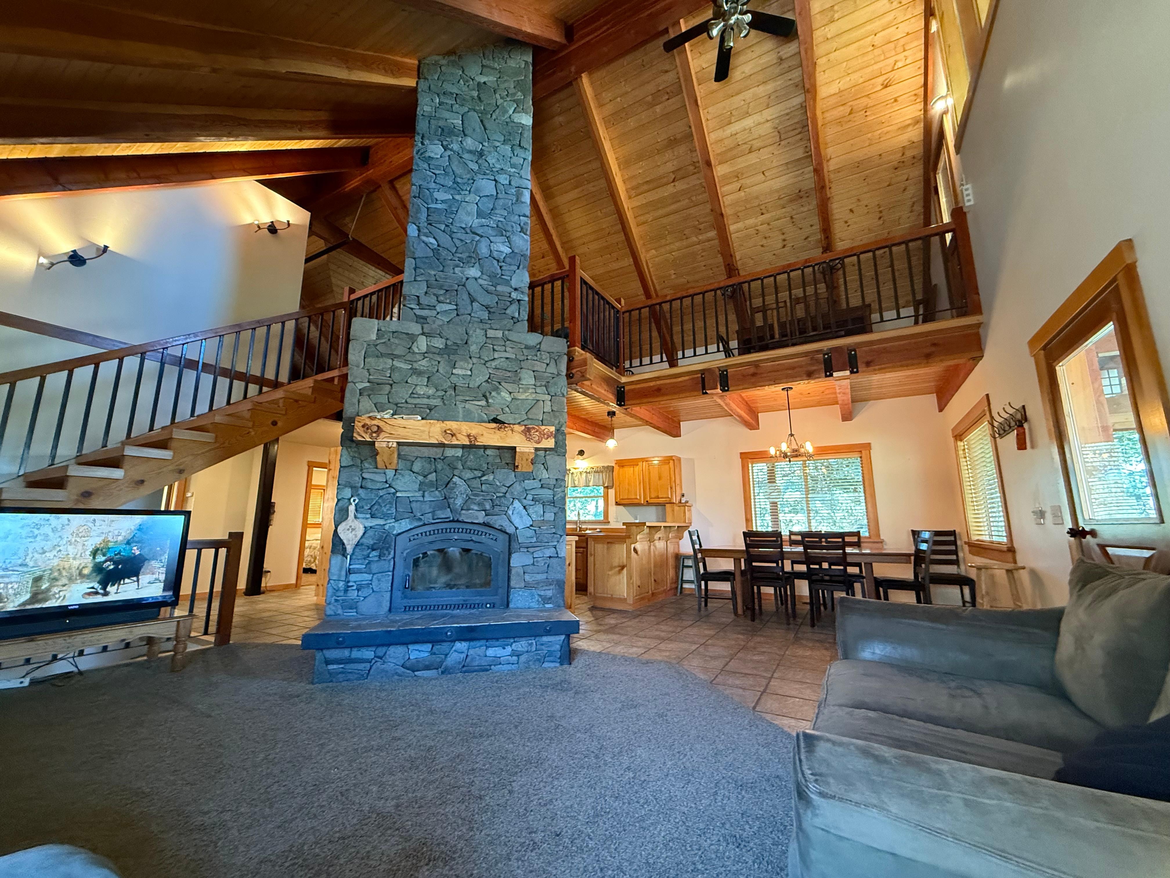 The stone fireplace is hand built.