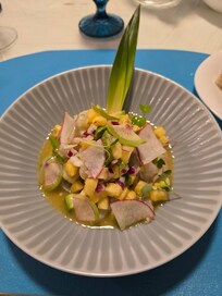 Ceviche with seafood and passion fruit, an amazing starter before one of many memorable dinners.