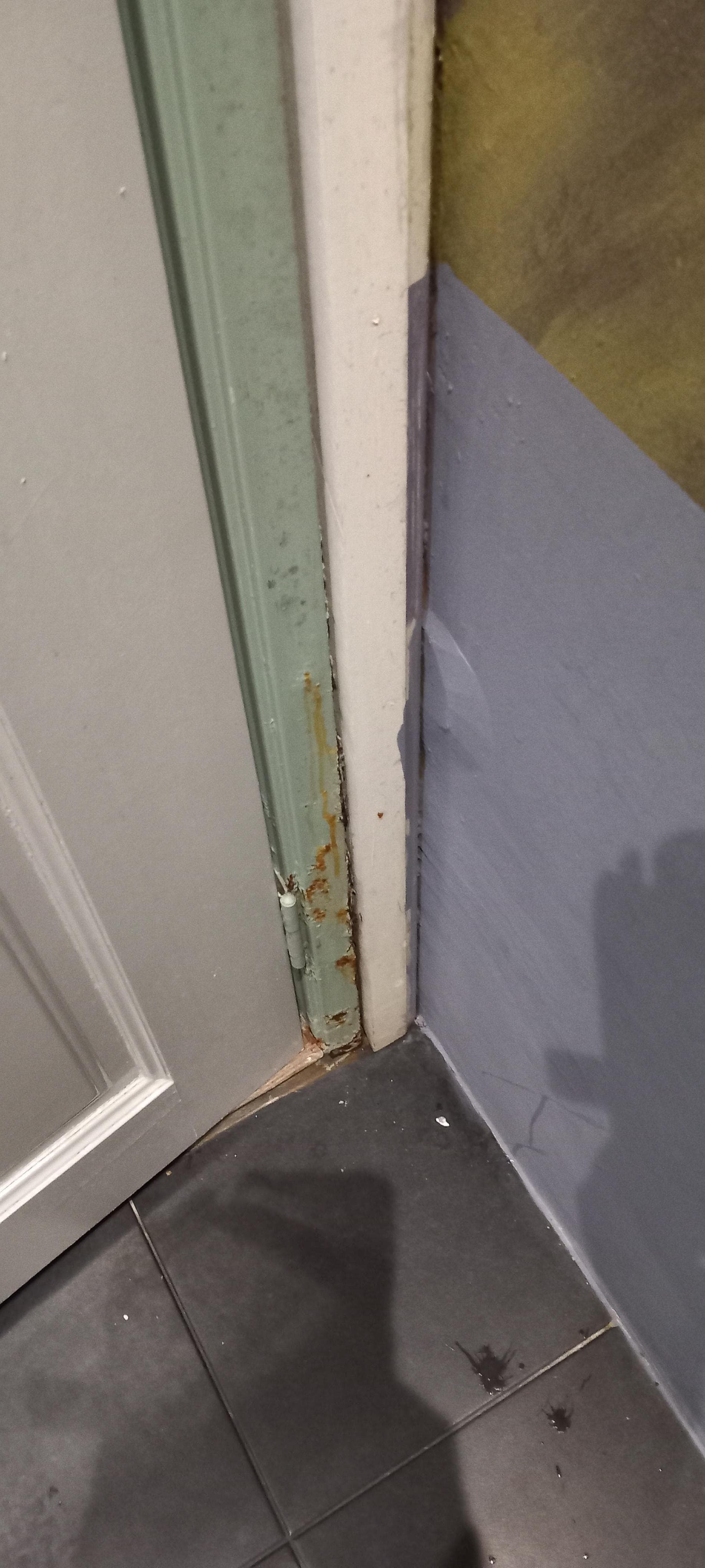 Door frame in bathroom looks rusty no paint & cracking
