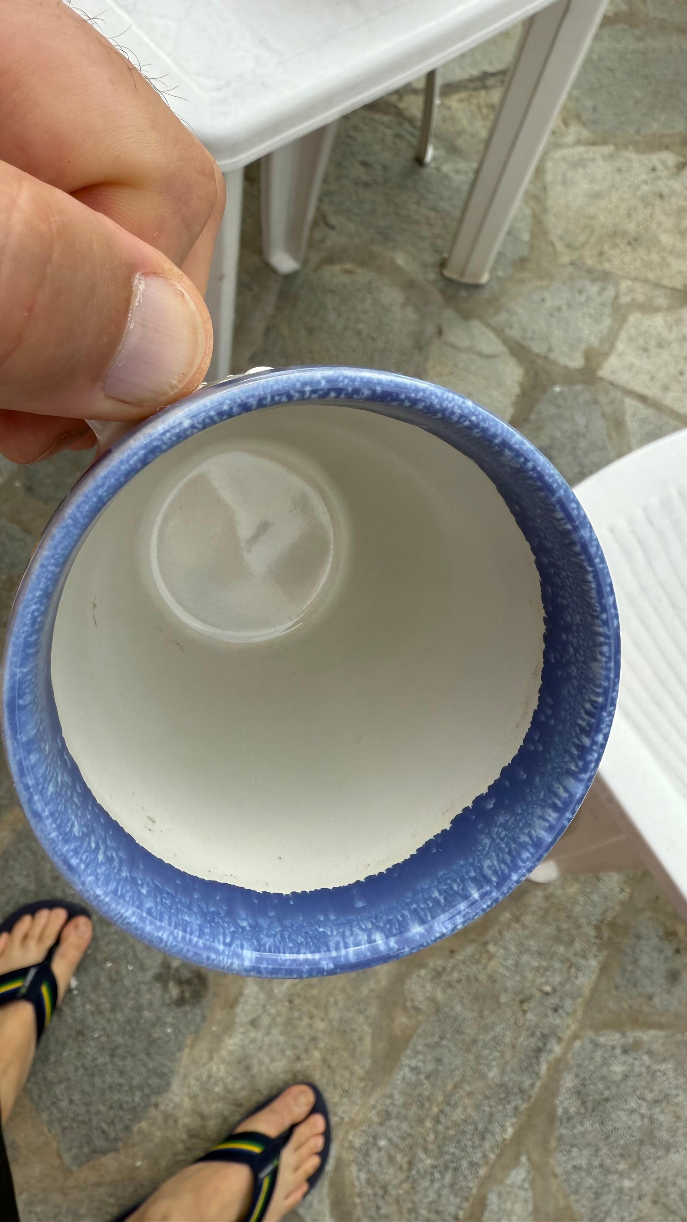 La stessa tazza dopo averla lavata per verificare che quanto si vedeva fosse dello sporco e non il colore proprio della tazza.