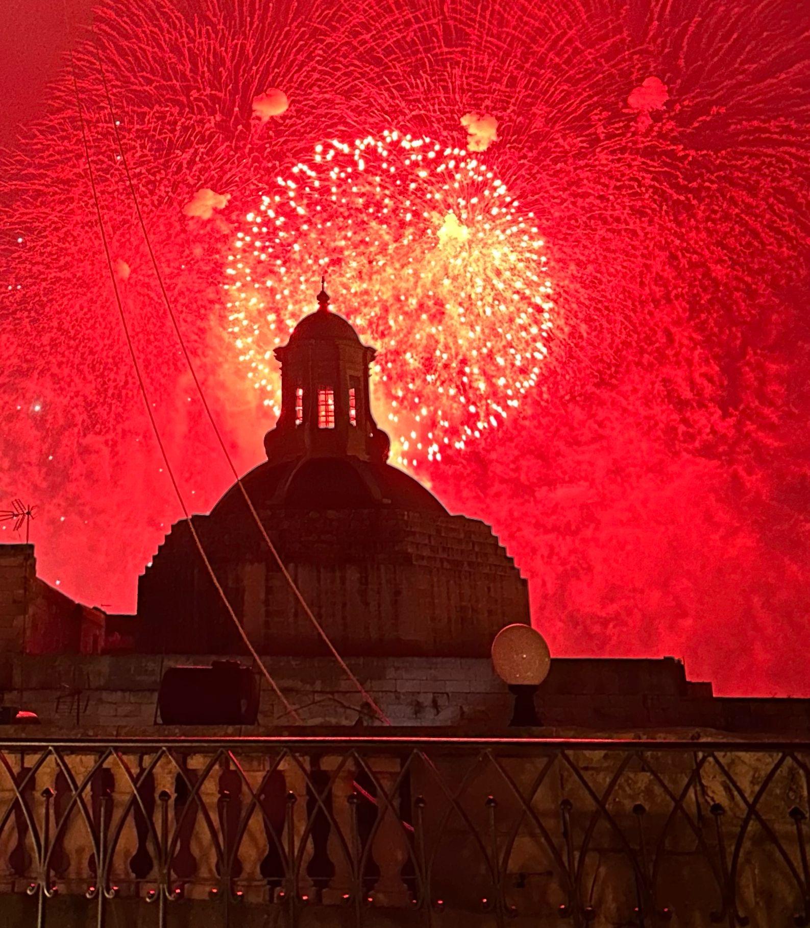 Firework display viewed from roof terrace