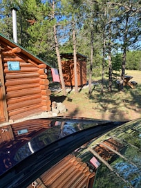 Nice shower stall behind the cabin