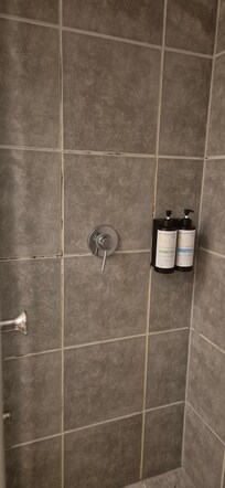 Shower tiles with mould in the grout.