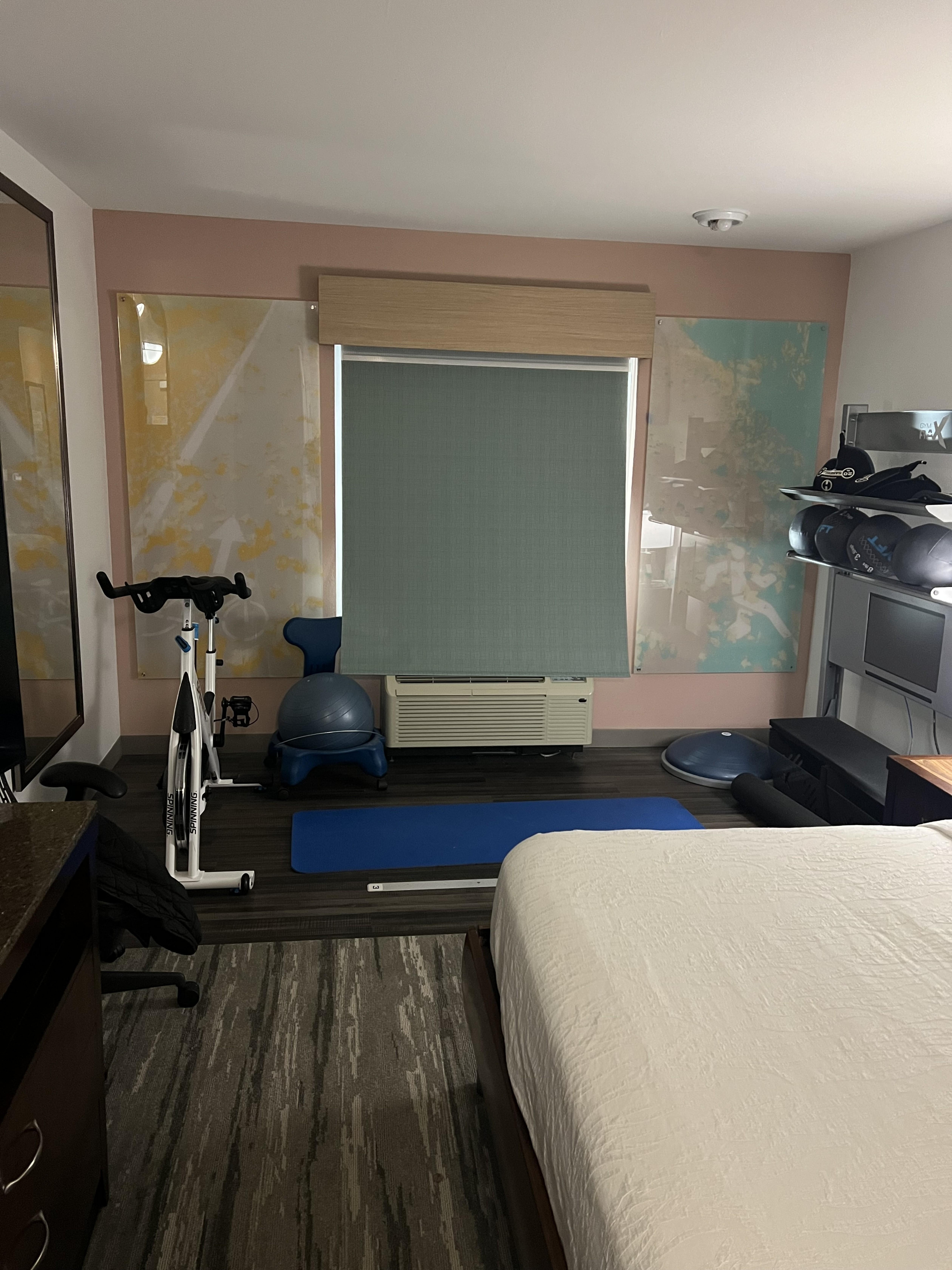 Bizarre and not requested. No desk..just a bunch of random gym equipment in your room!