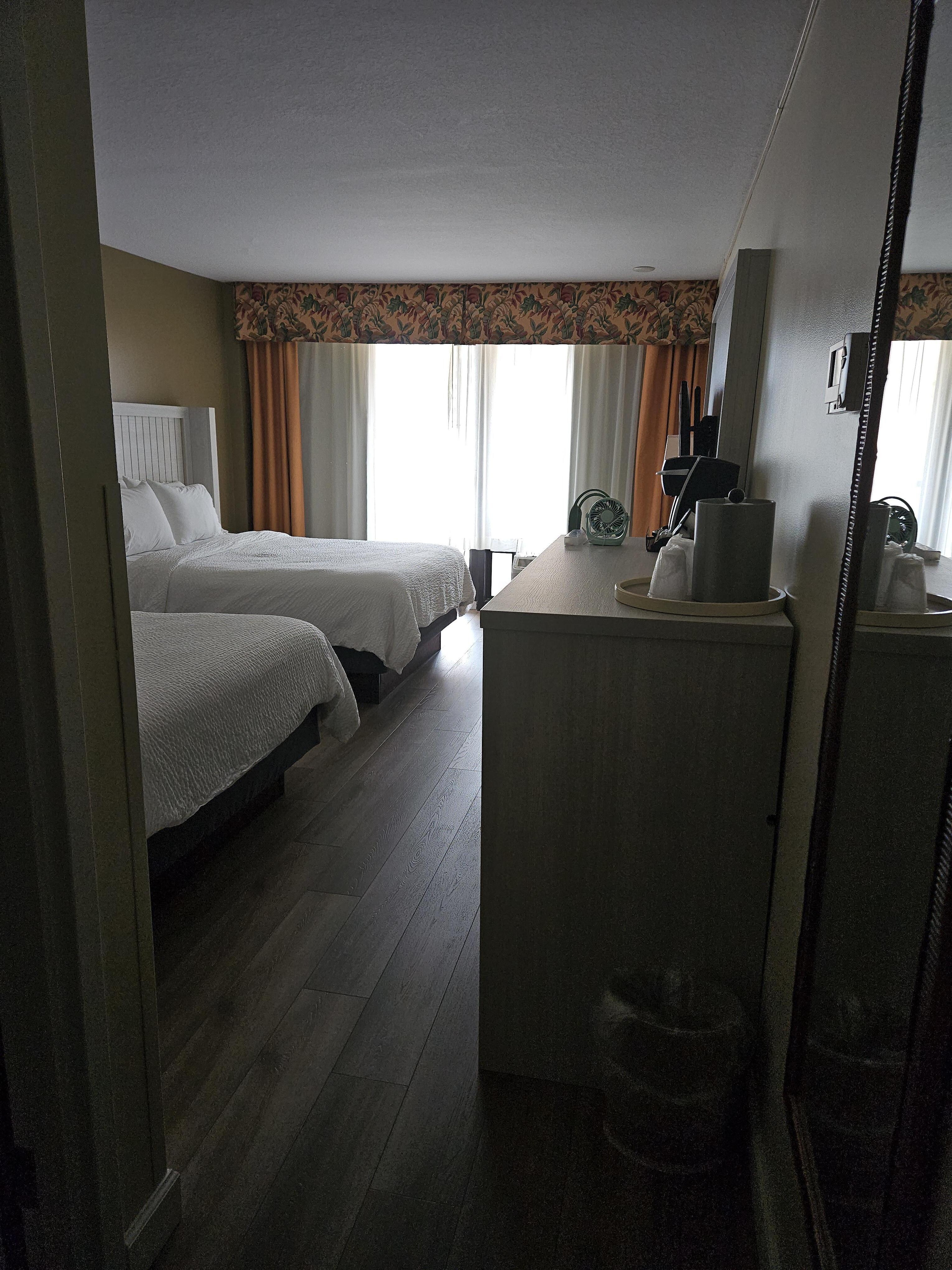 Looks nice upon entering, but curtains were stained, and blackout curtains had black specks (mold?)and staining as well.