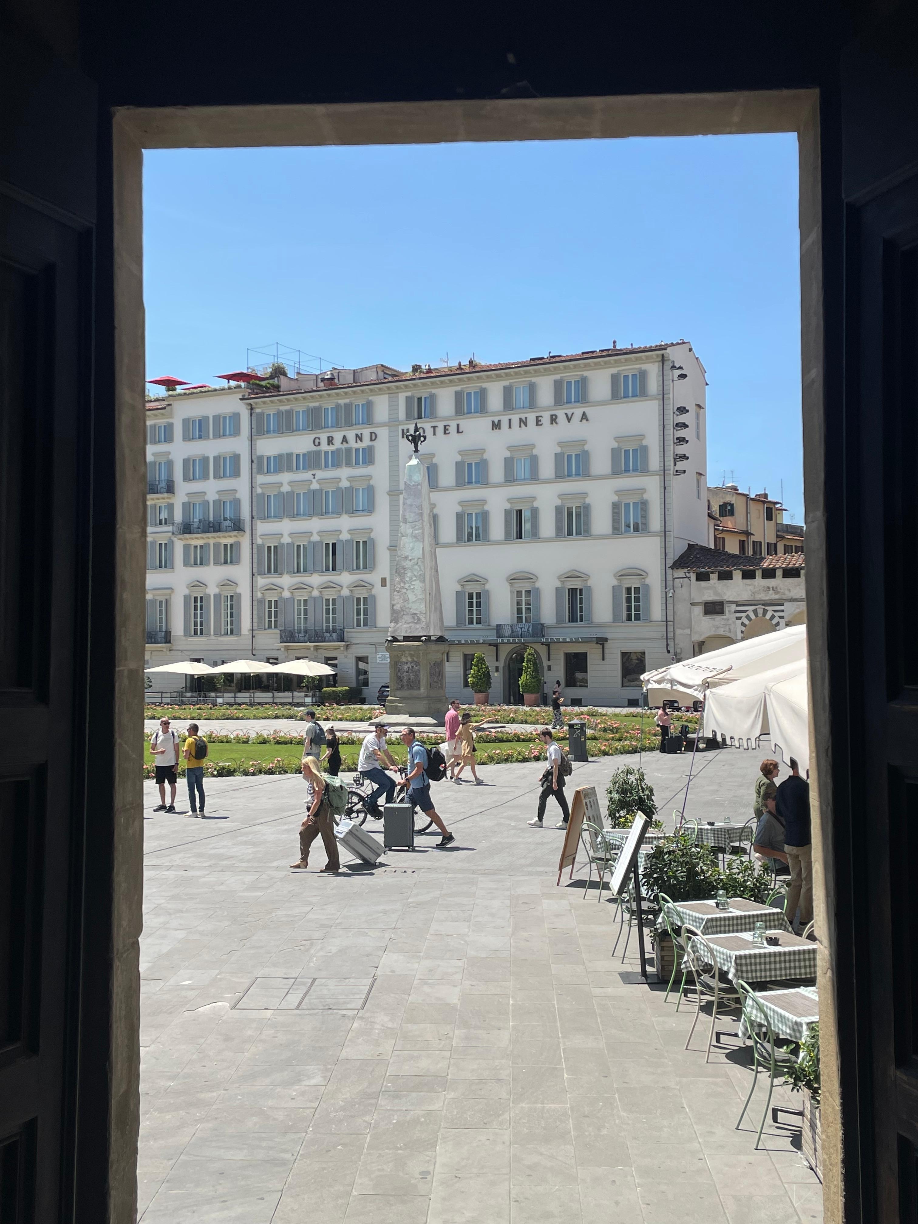 Looking out the front door of the hotel.