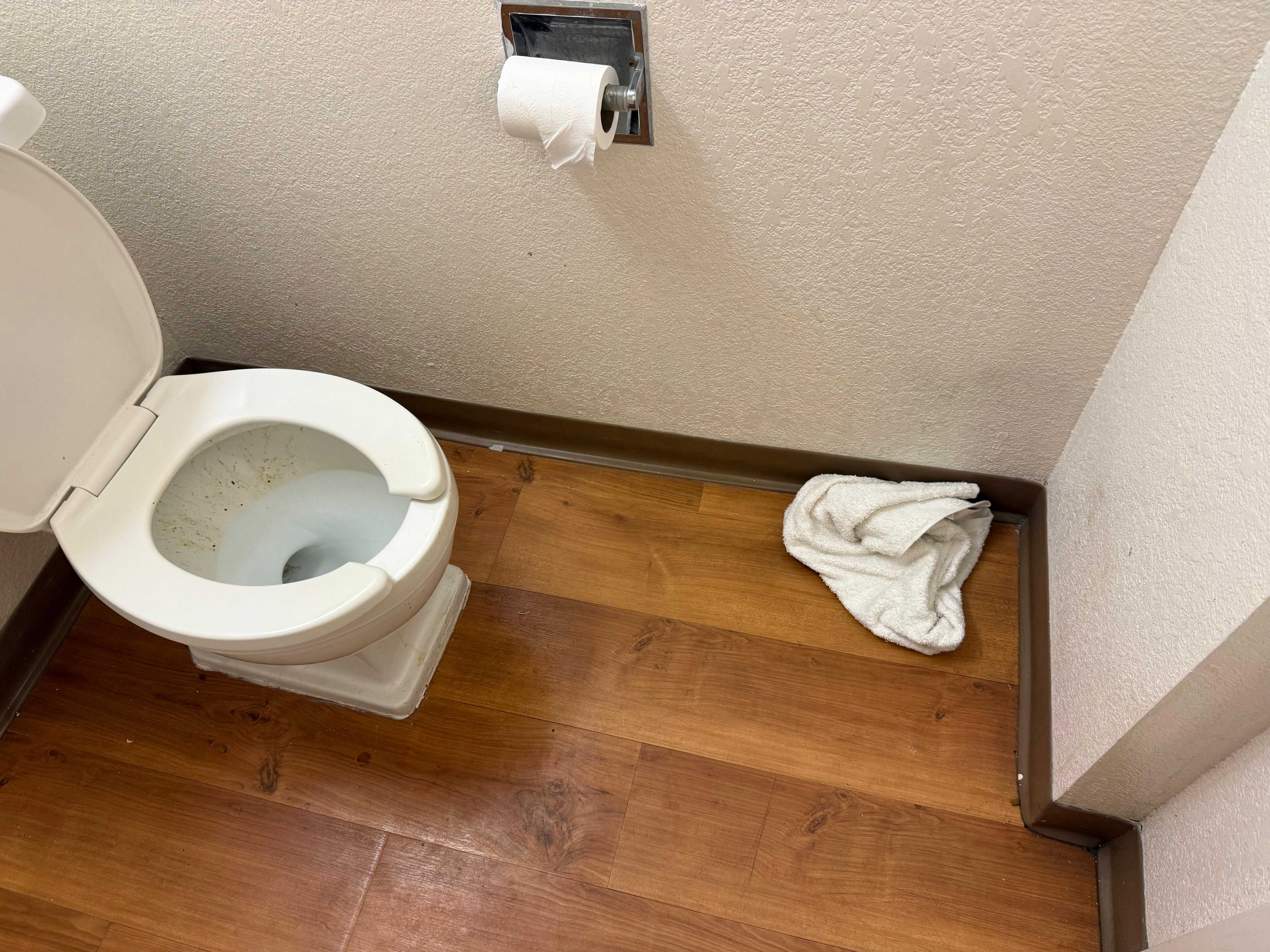 Diarrhea spray and dirty towels in bathroom.