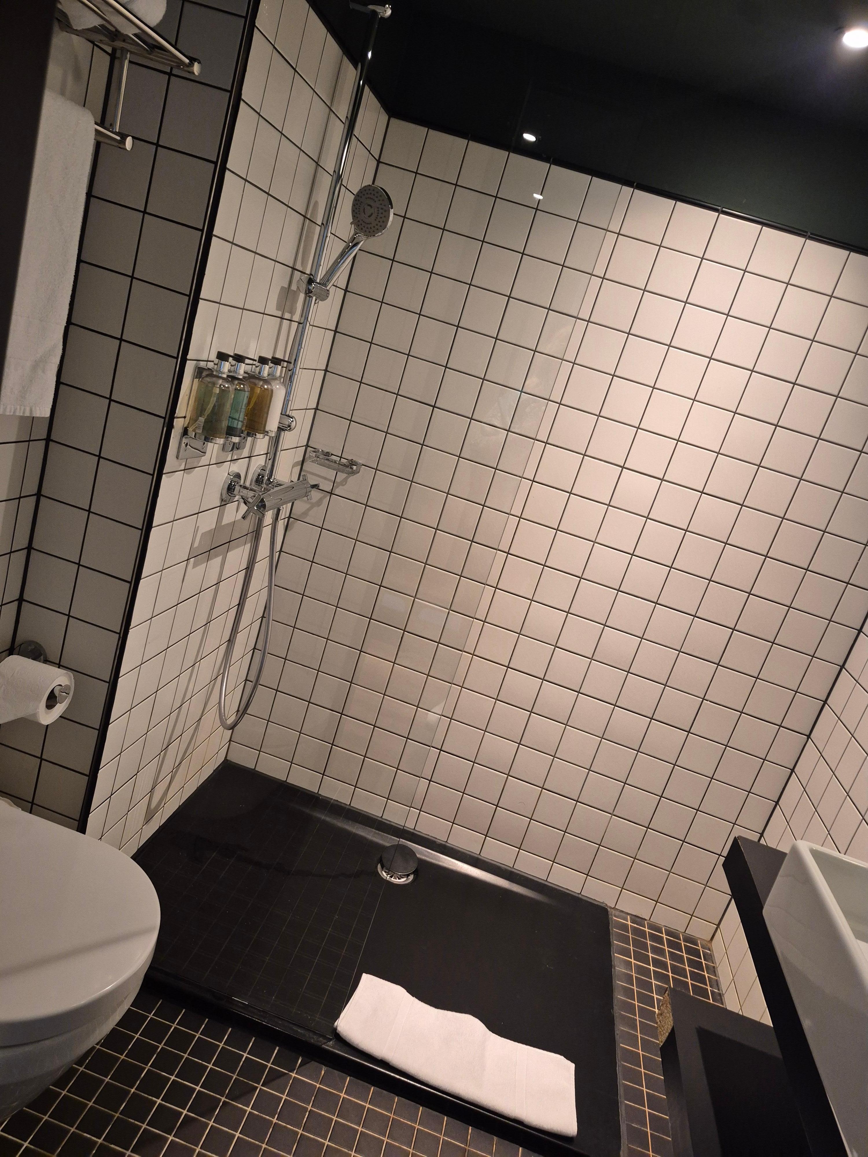 Functional,  compact wet room bathroom. Nice shower!