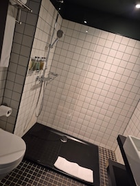 Functional,  compact wet room bathroom. Nice shower!