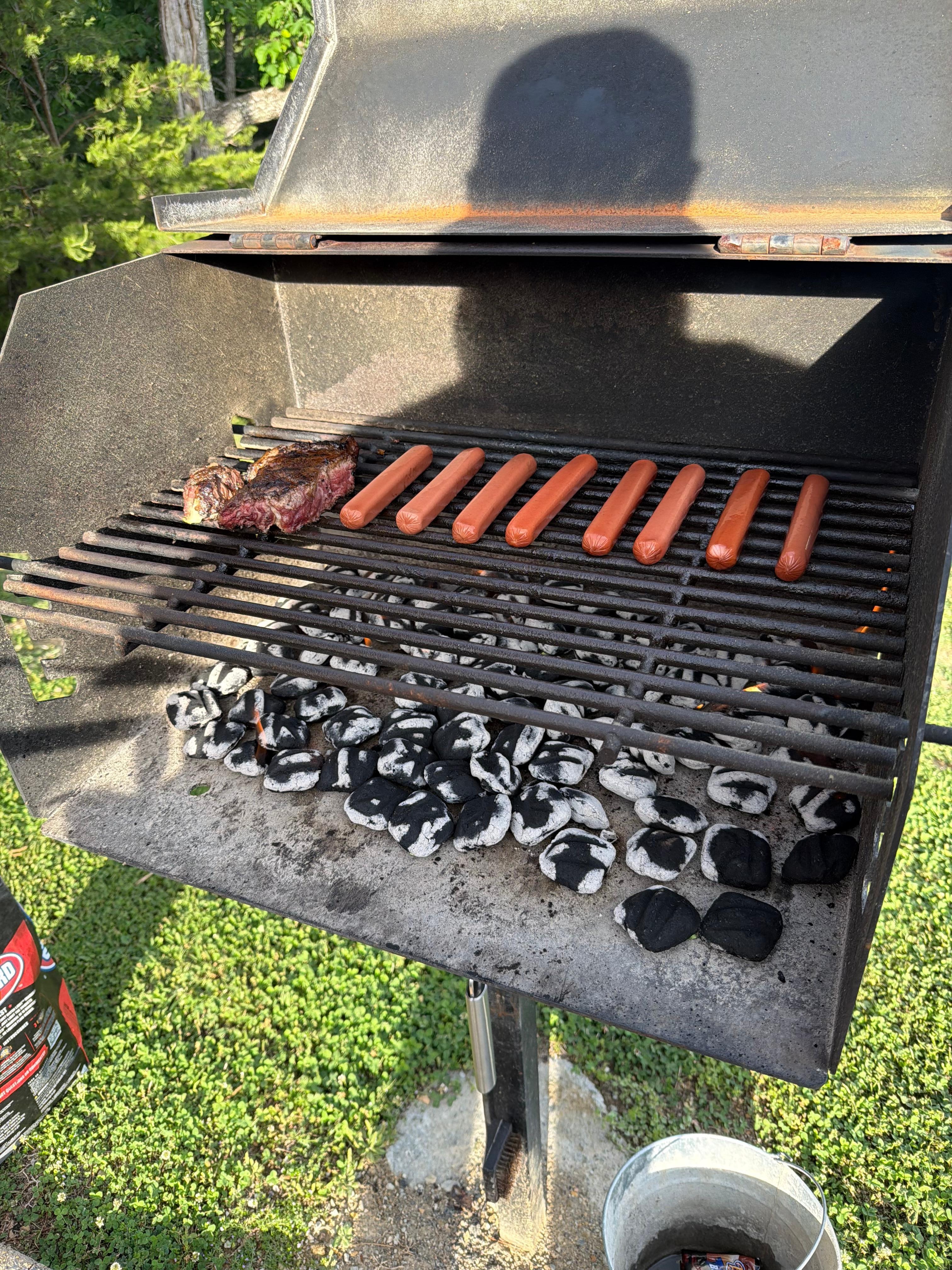 Firing up the grill! Hotdogs and leftover steak for dinner!