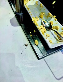 Ants eating the eggs at breakfast buffet