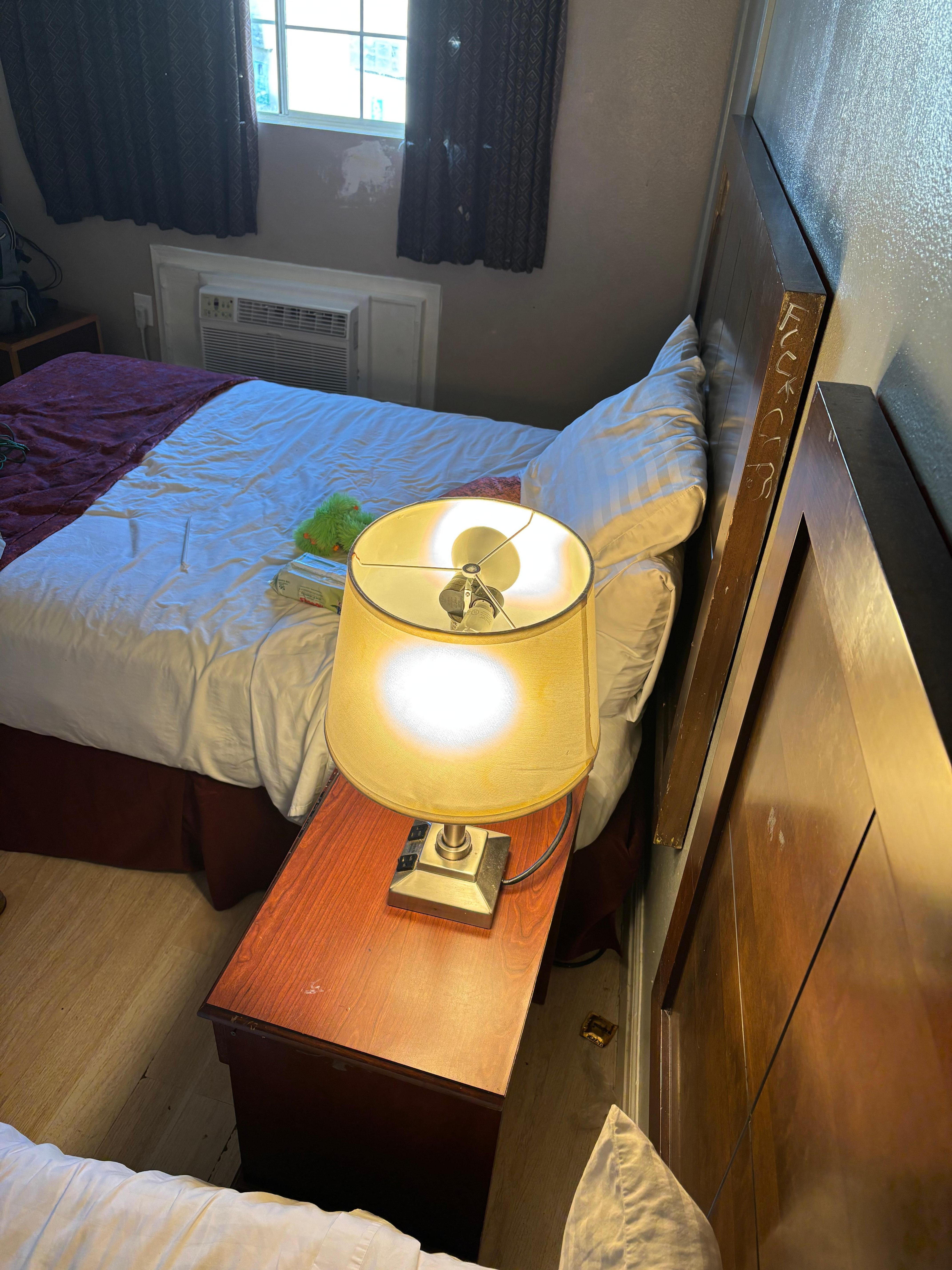 The first room had no working outlets. When looking for an outlet we found condoms instead. 