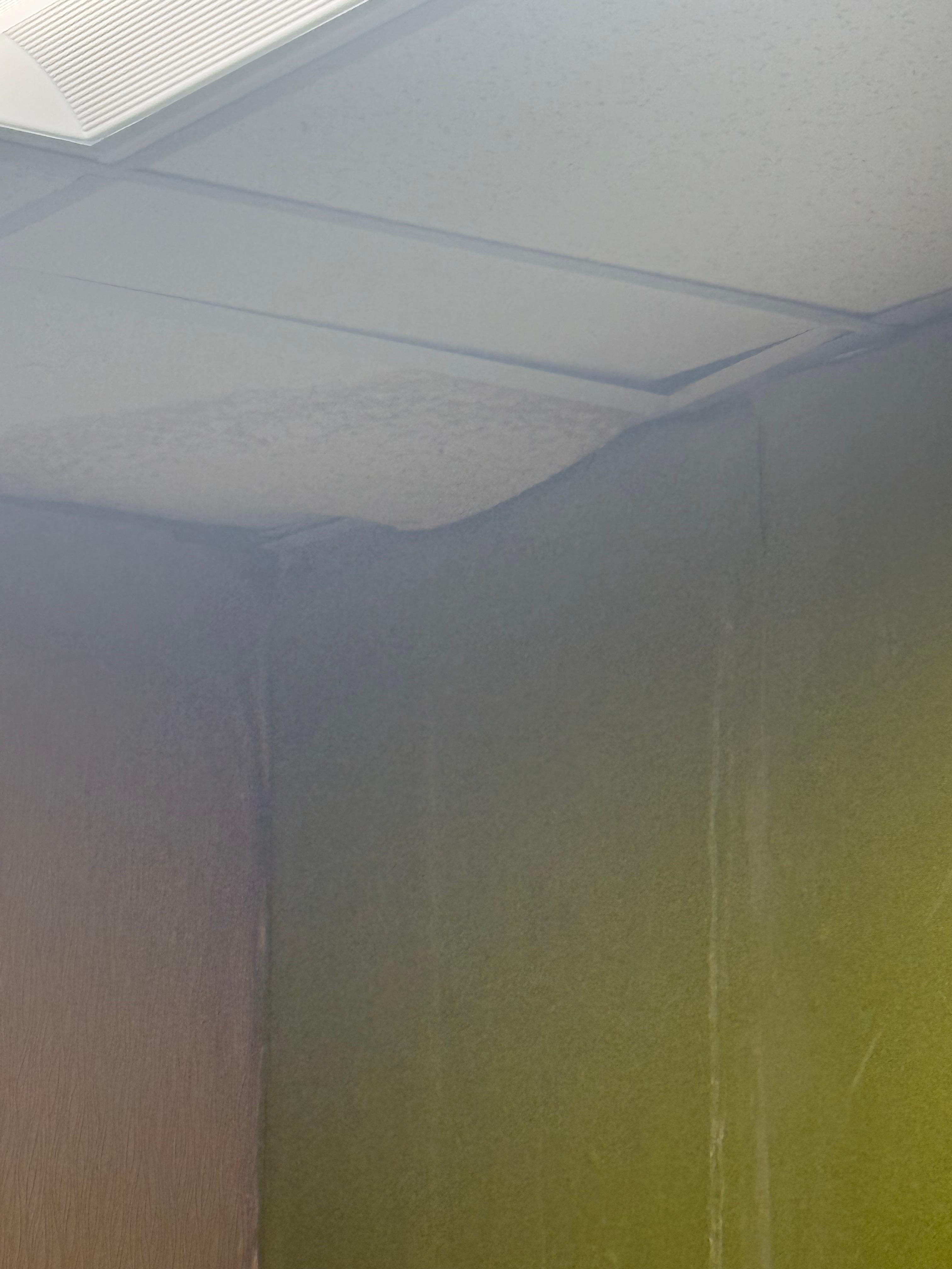 Leaking ceiling and damaged walls near elevator 