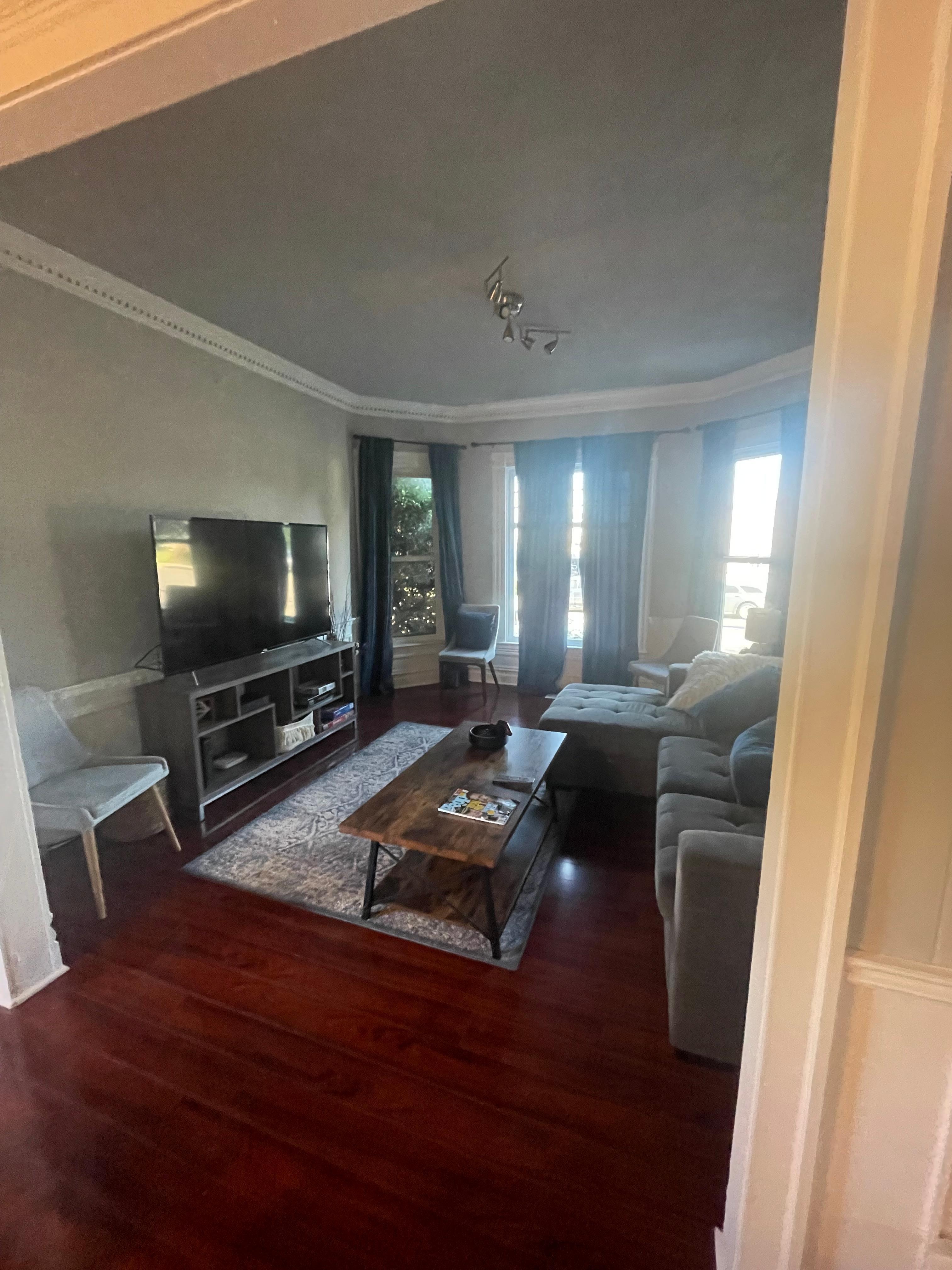 Living room with comfortable sofa and TV