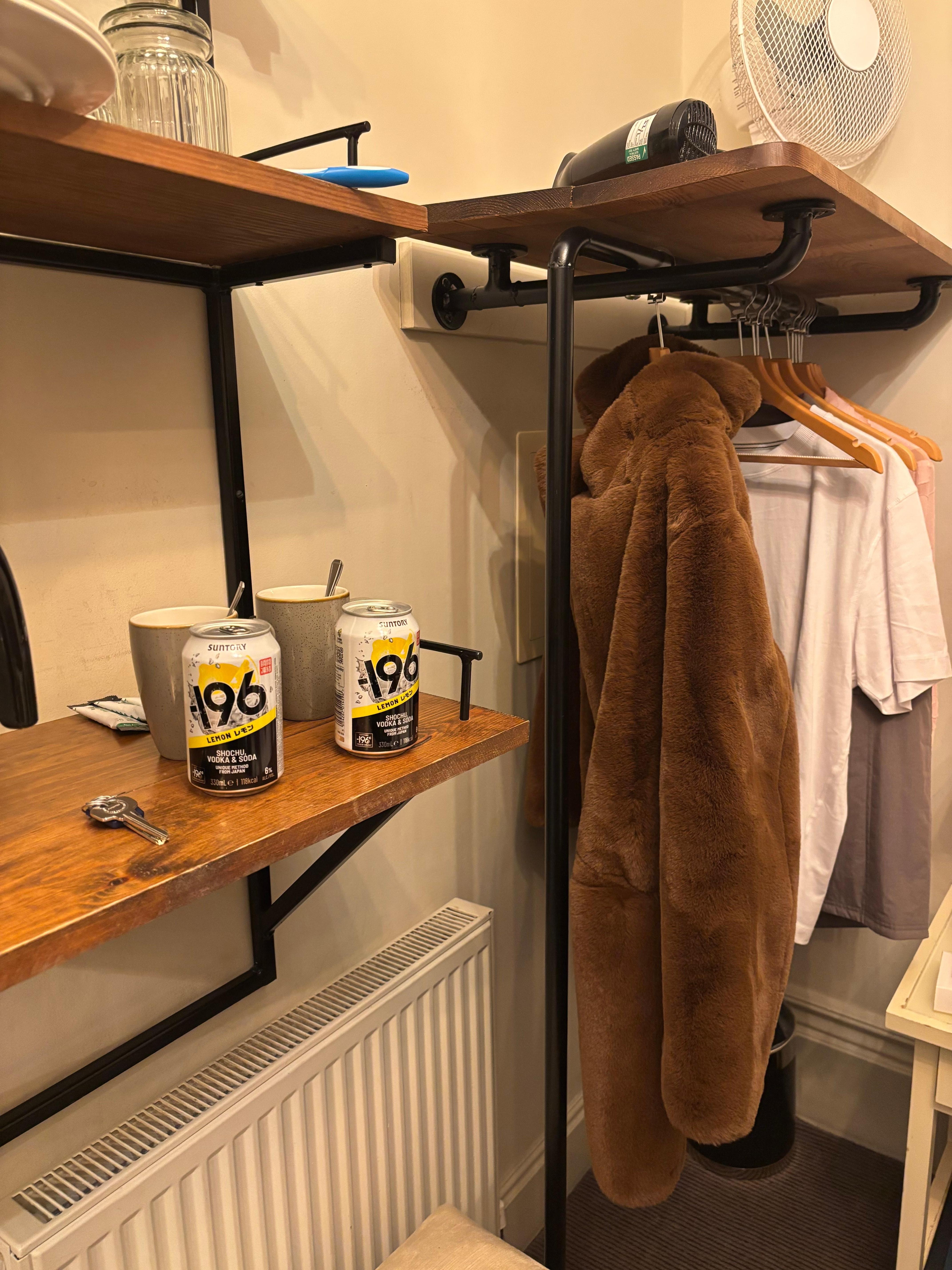 No Wardrobe, very small room and cluttered 