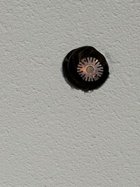 Hole in ceiling where sprinkler comes out. There’s supposed to be a cover, but this one didn’t have it.