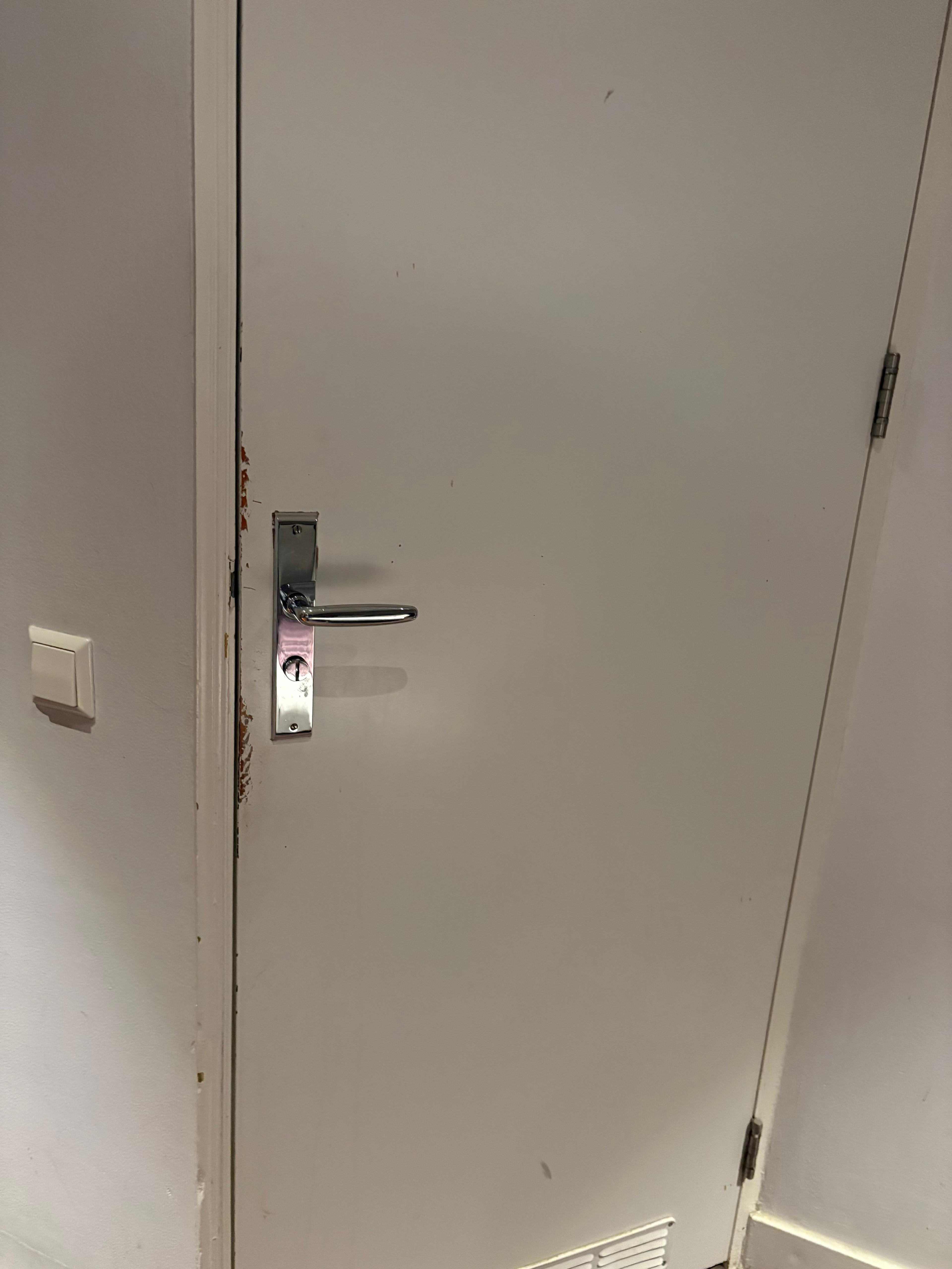 Dirt on the bathroom door.