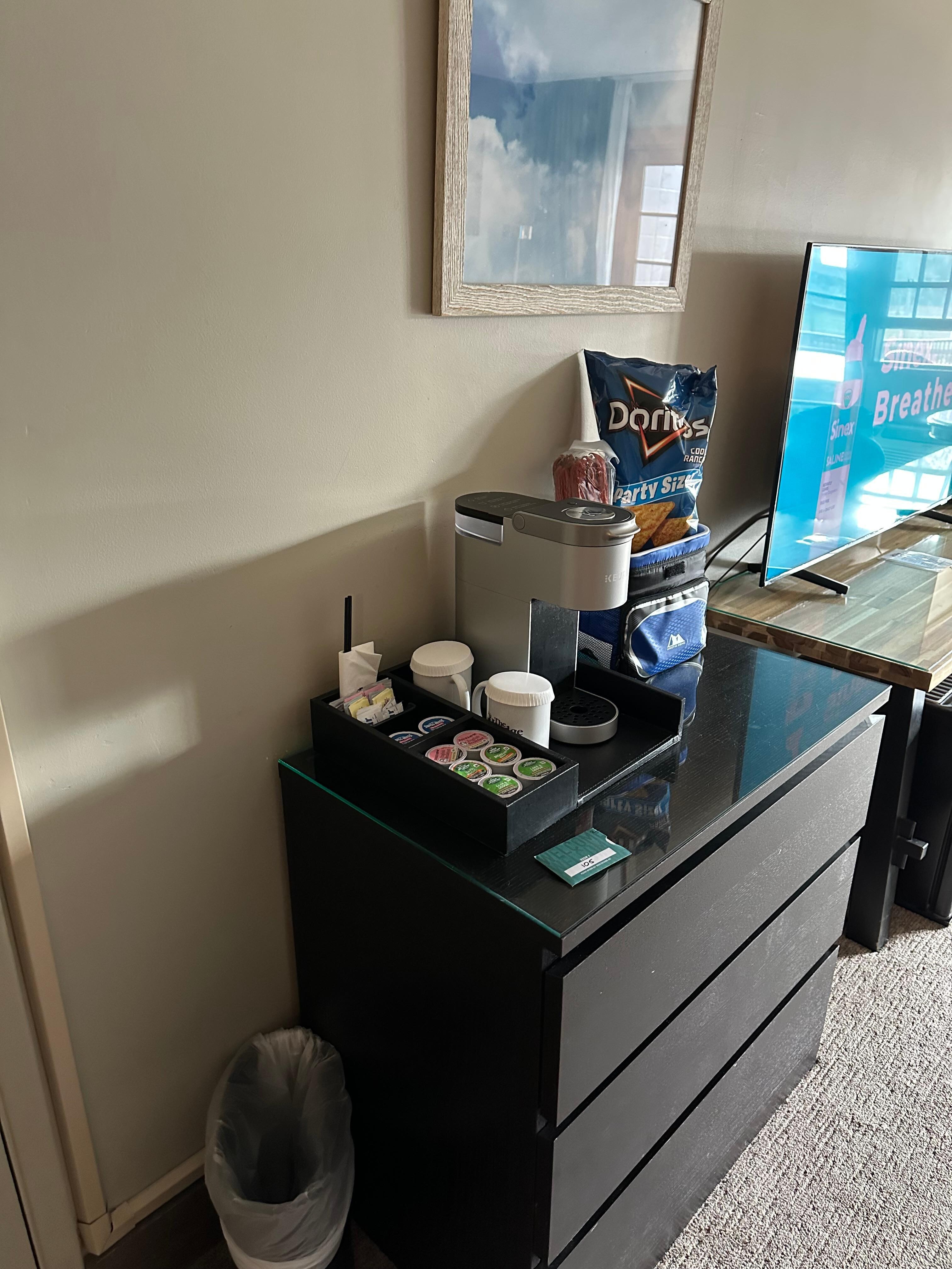 Single cup Keurig coffeemaker & a mini fridge