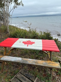 Writer’s Retreat picnic table by the shore