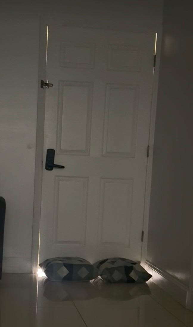 Door to room is a hollow-core interior door with massive gaps. We put pillows in front.