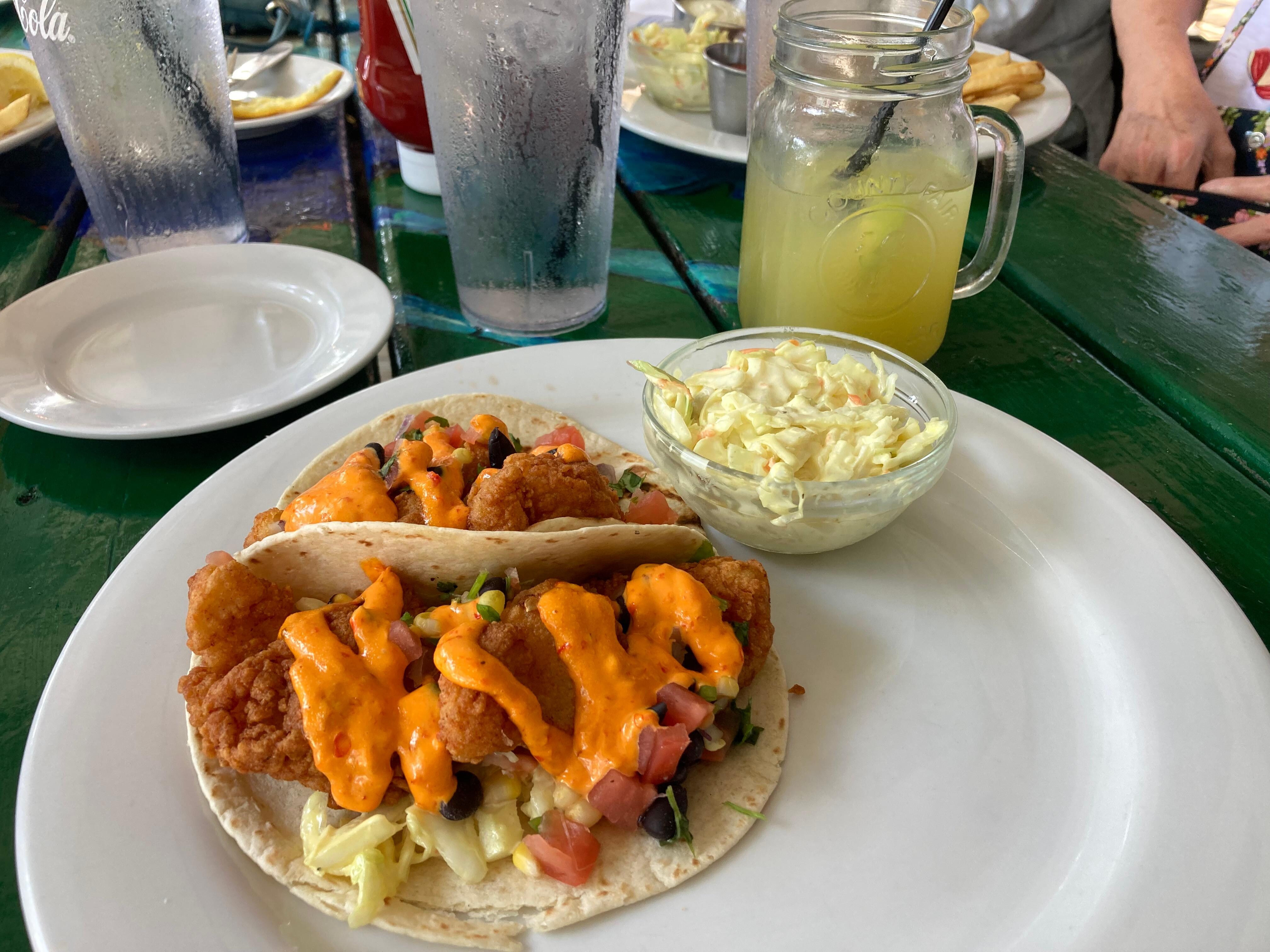 Delicious shrimp tacos, "Fish Camp".  