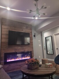 The comfy living room was warm and inviting upon arrival with this amazing fireplace!