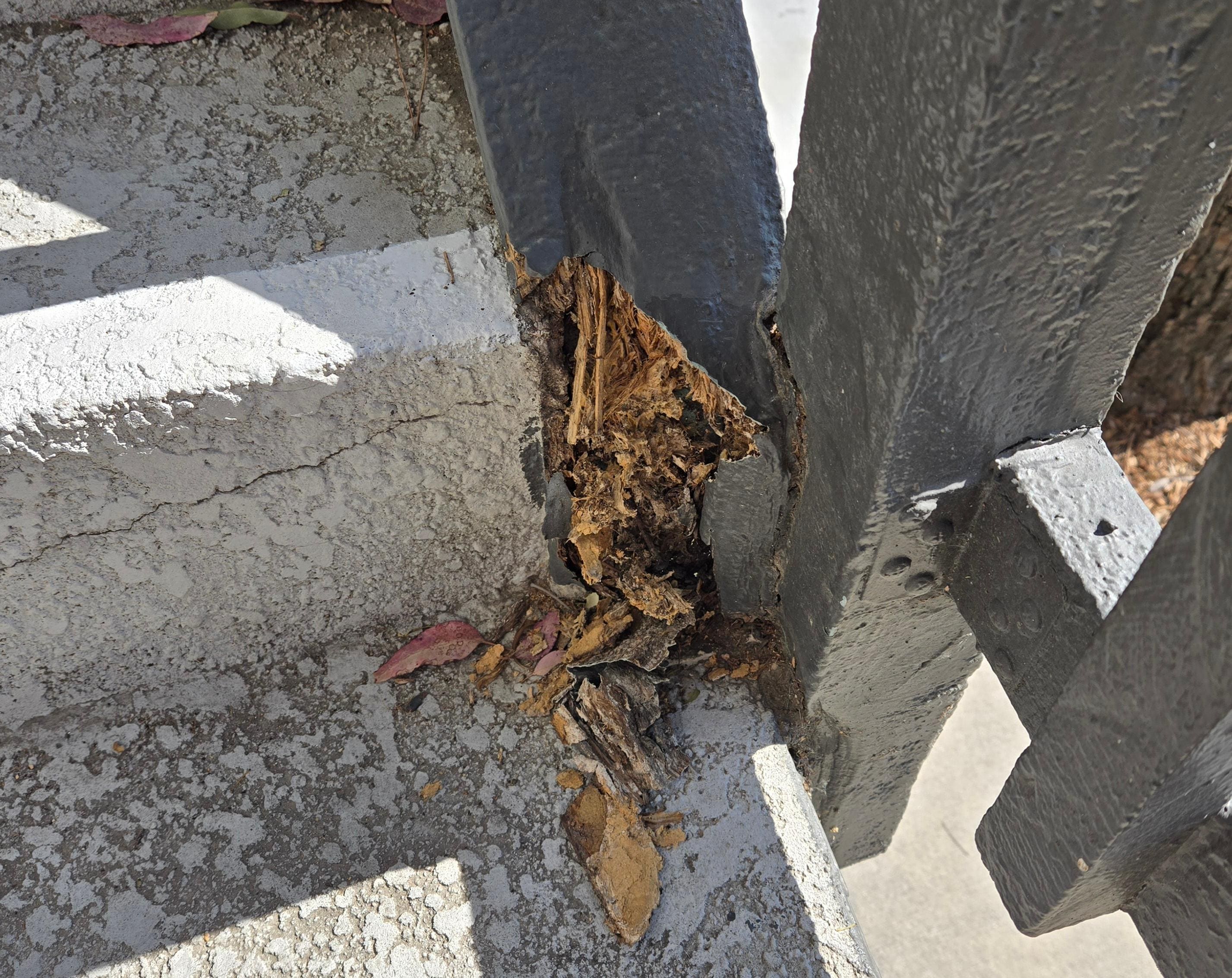 Rotting wood on the banister.