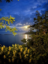 From the deck, the rising moon over the cove with the Bar Harbor city lights in the distance.