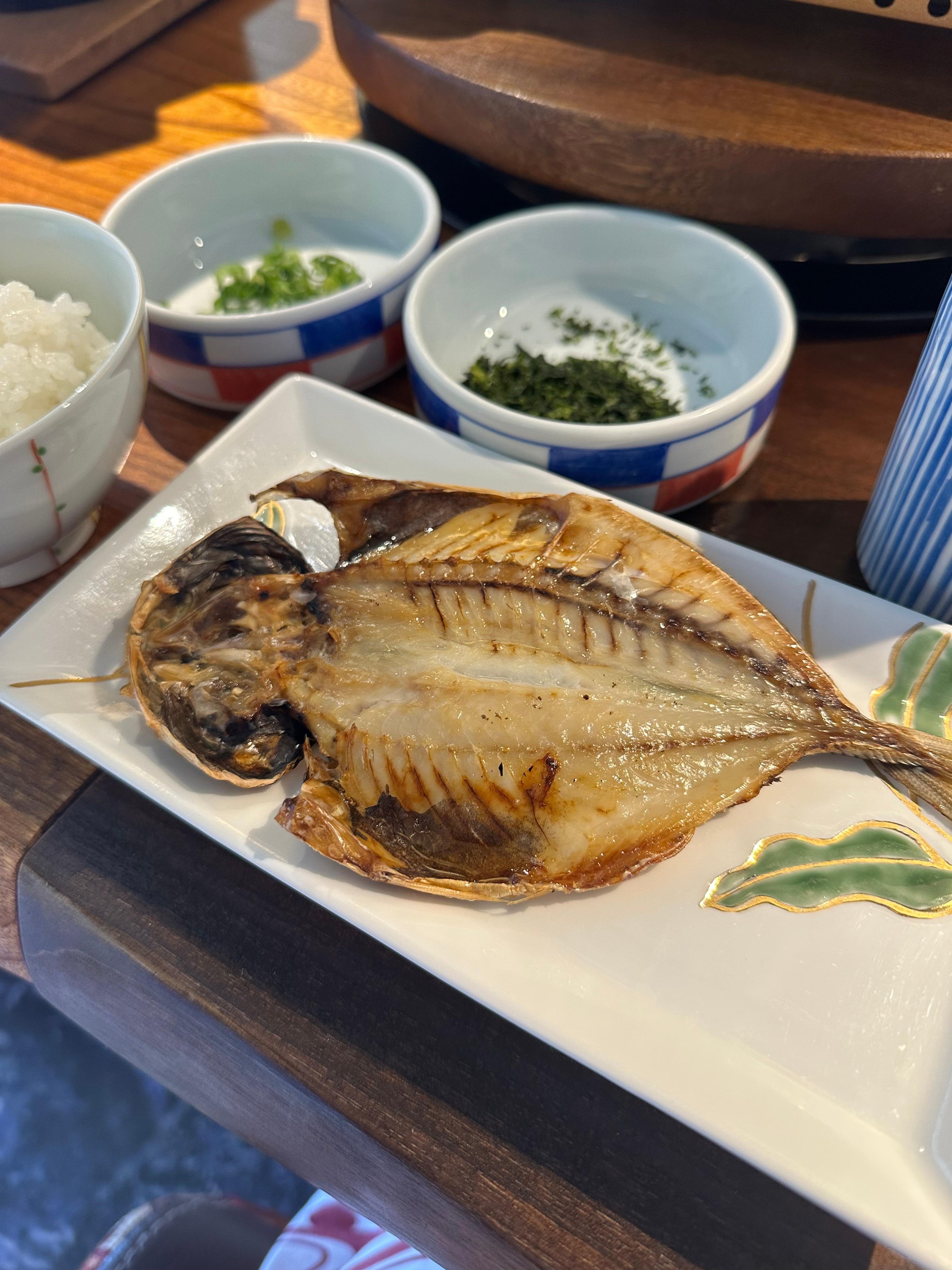 Breakfast: you get to choose a fish and rice type for each breakfast. This is aji (horse mackerel) and I ordered it all three days — delicious! 