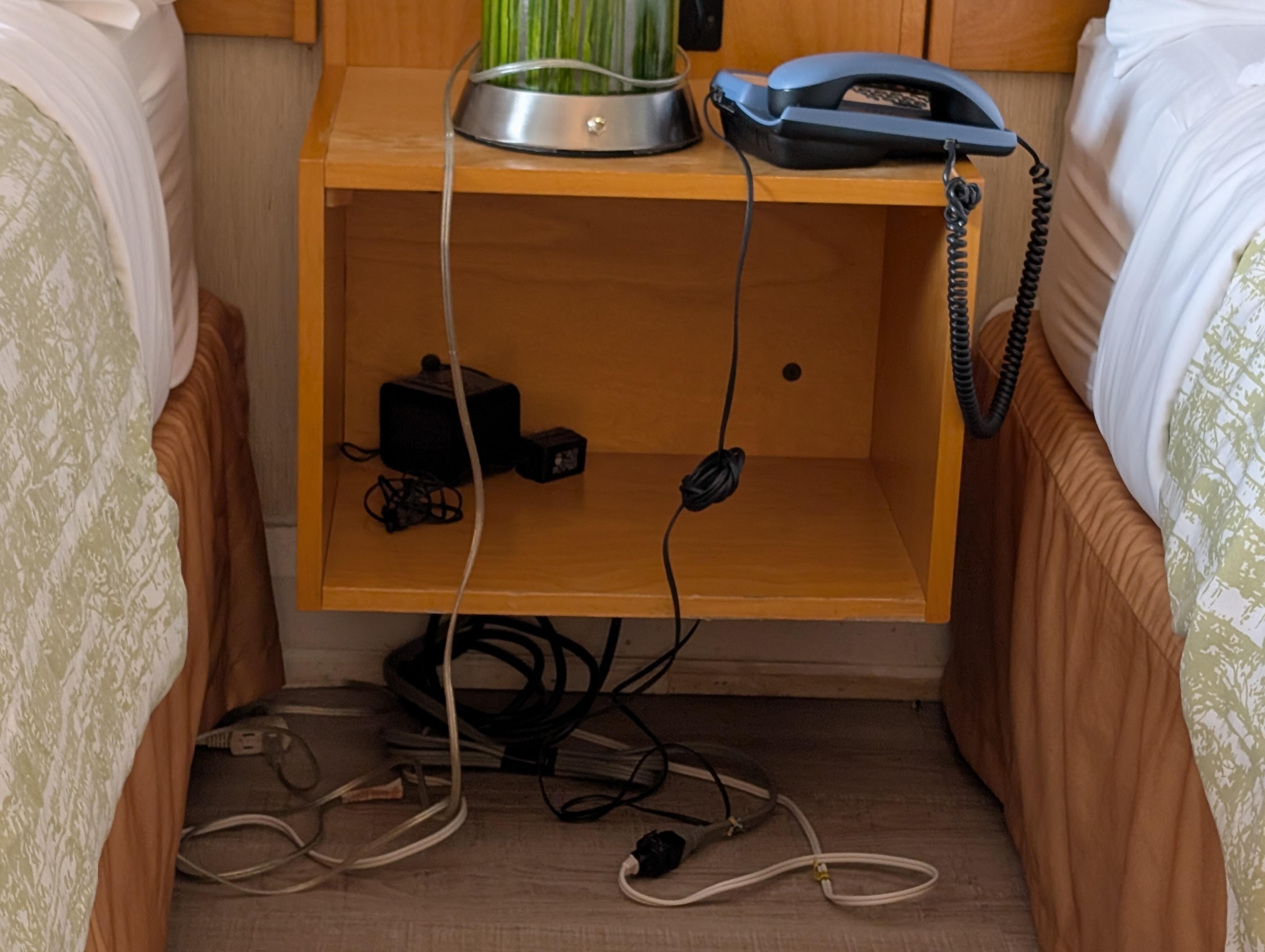 This was the way housekeeping left bedside table after replacing non-functional lamp.