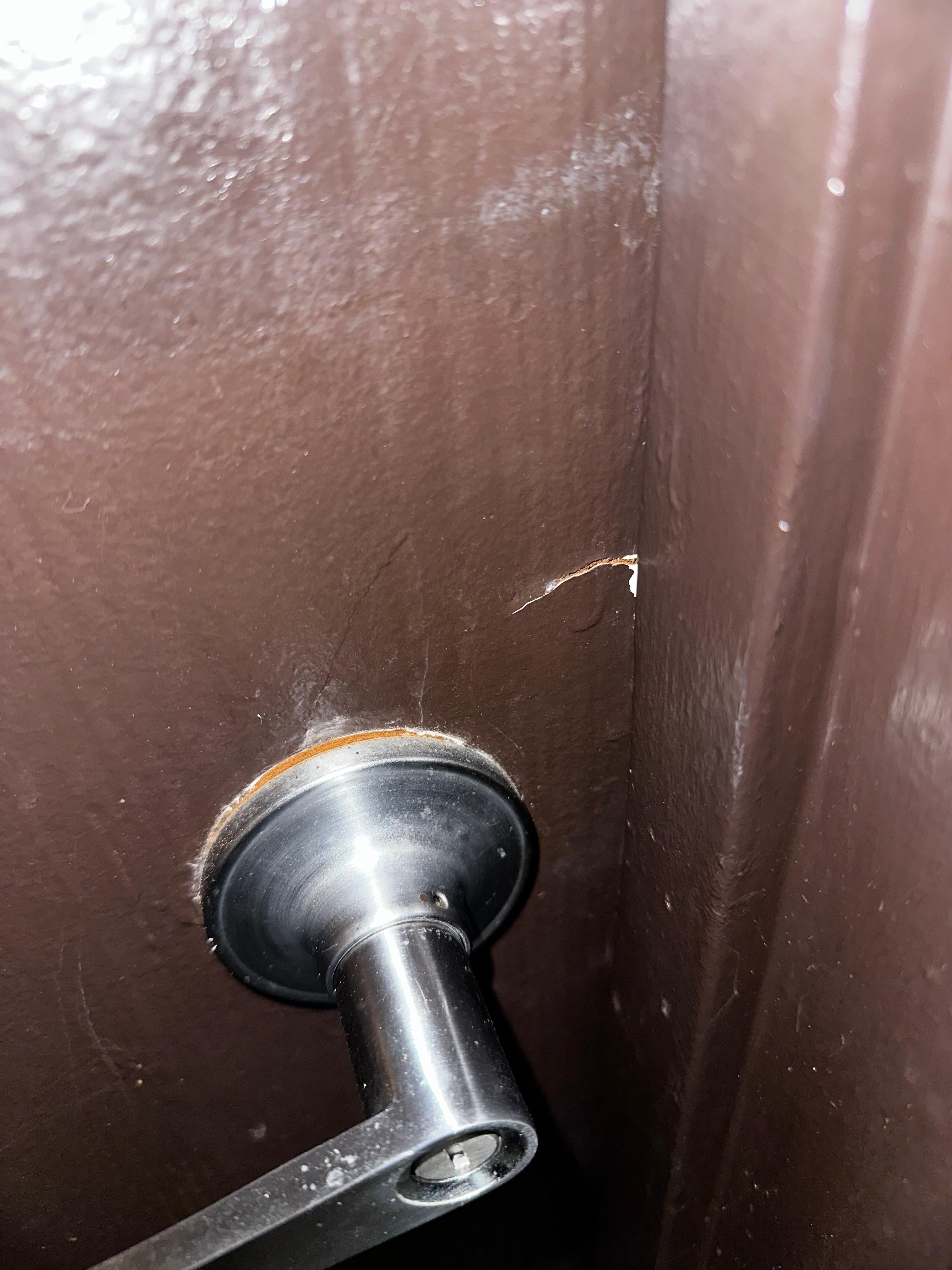 Broken bathroom door. I was locked out and my stuff was trapped inside. It could have been me trapped inside! 