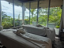 Couples massage at the spa. Two sloths hanging in the trees right outside our room!