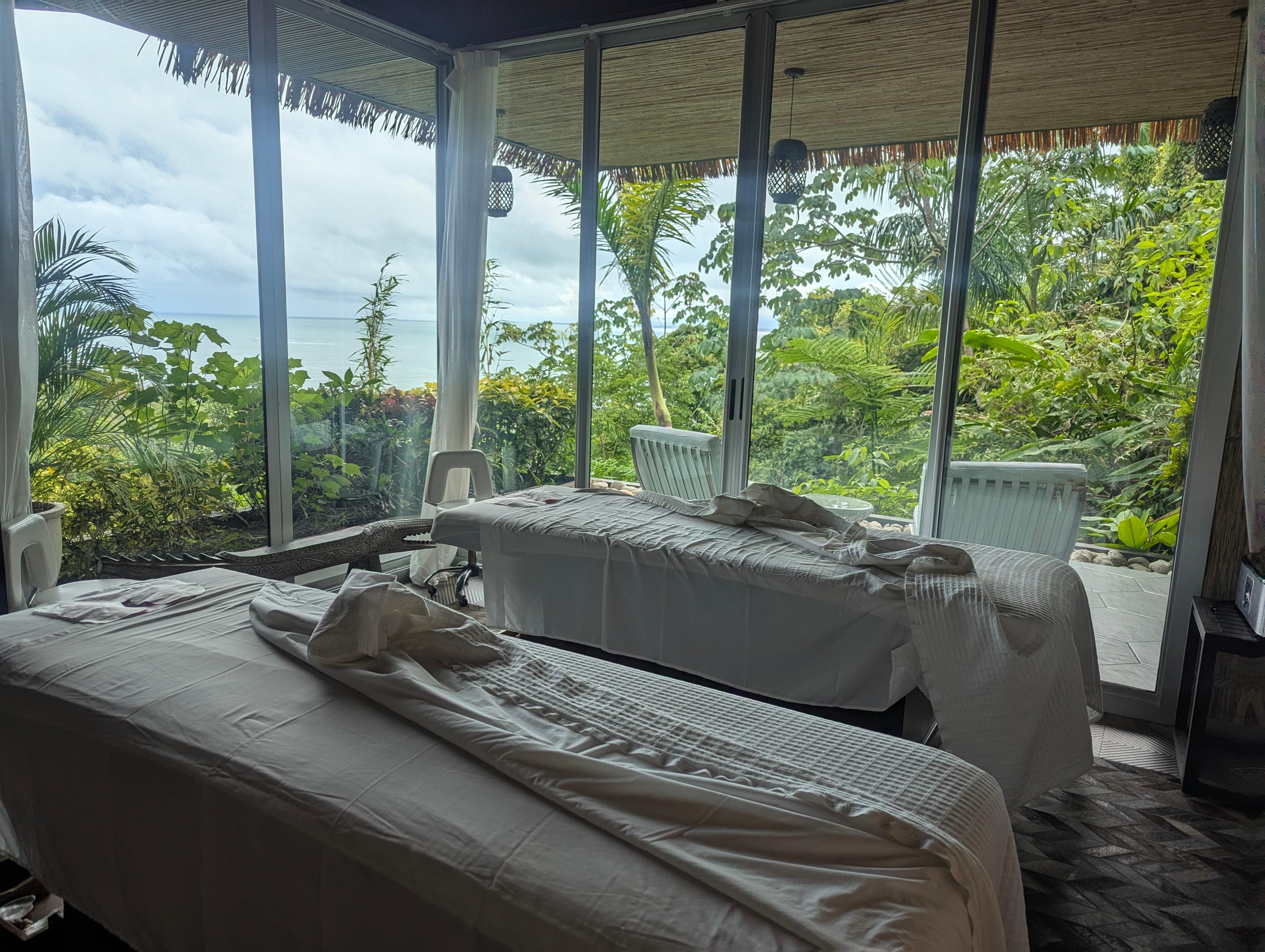Couples massage at the spa. Two sloths hanging in the trees right outside our room!