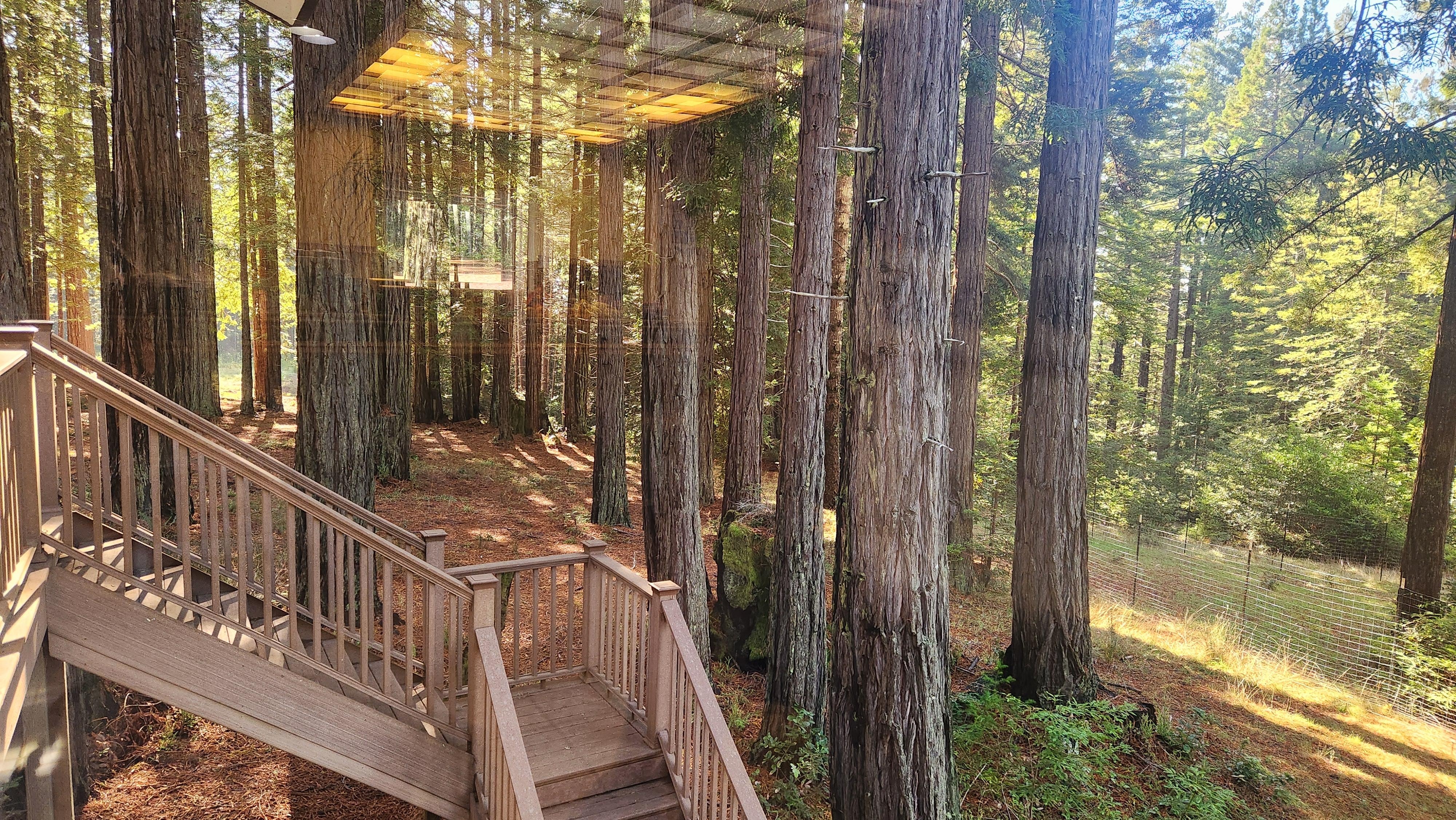 View to the south, lovely wooden staircase leading from the lower deck to the upper deck