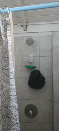 The tiny shower without and adjustable head facing the shower curtain.