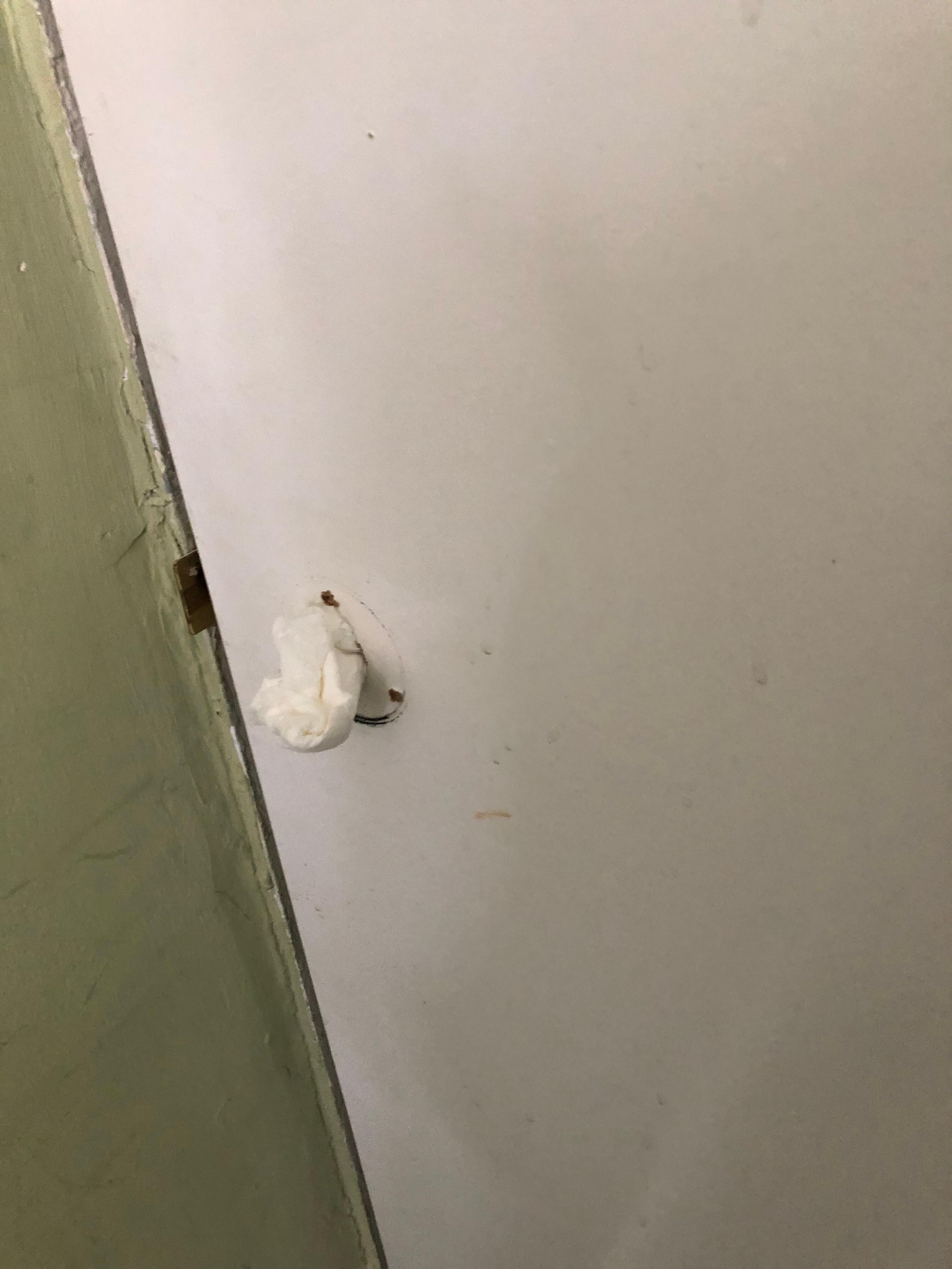 pas de poignée de porte , un mouchoir en papier pour boucher le trou, porte fermée que par un semblant de verrou...